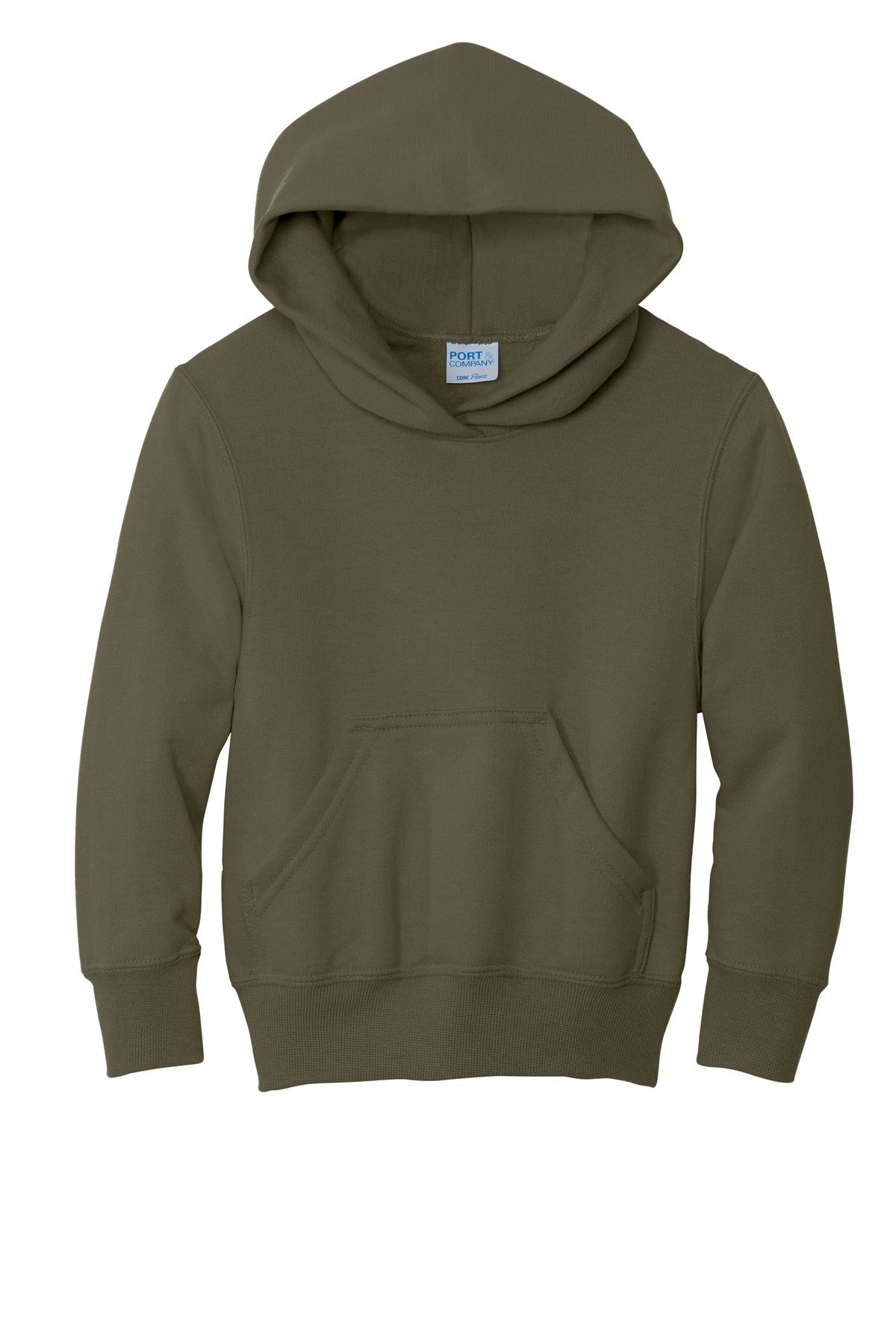 Front View of Olive Drab Grn Port & Co Youth Core Fleece Pullover Hooded Sweatshirt. PC90YH
