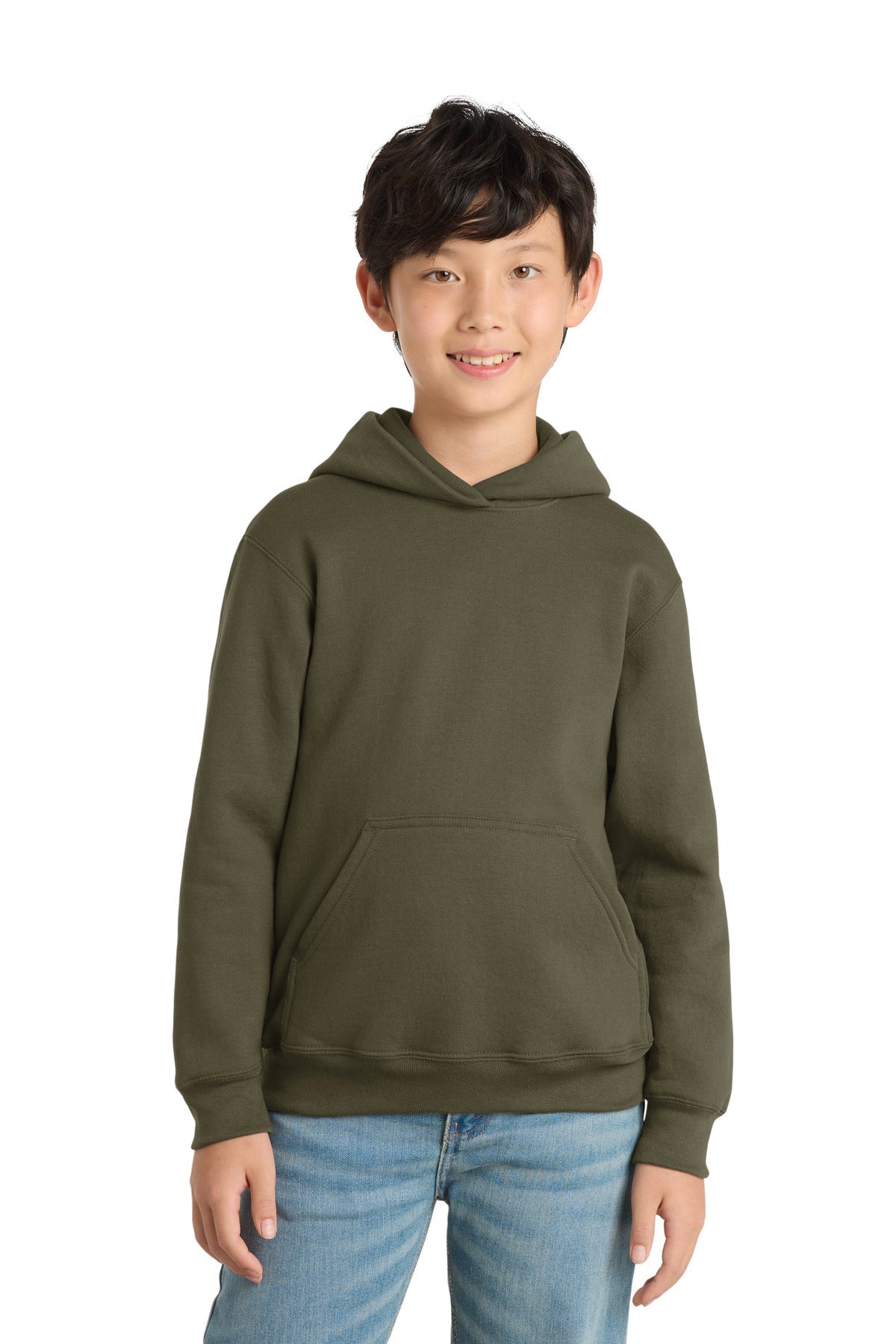 Front View of Olive Drab Grn Port & Co Youth Core Fleece Pullover Hooded Sweatshirt. PC90YH