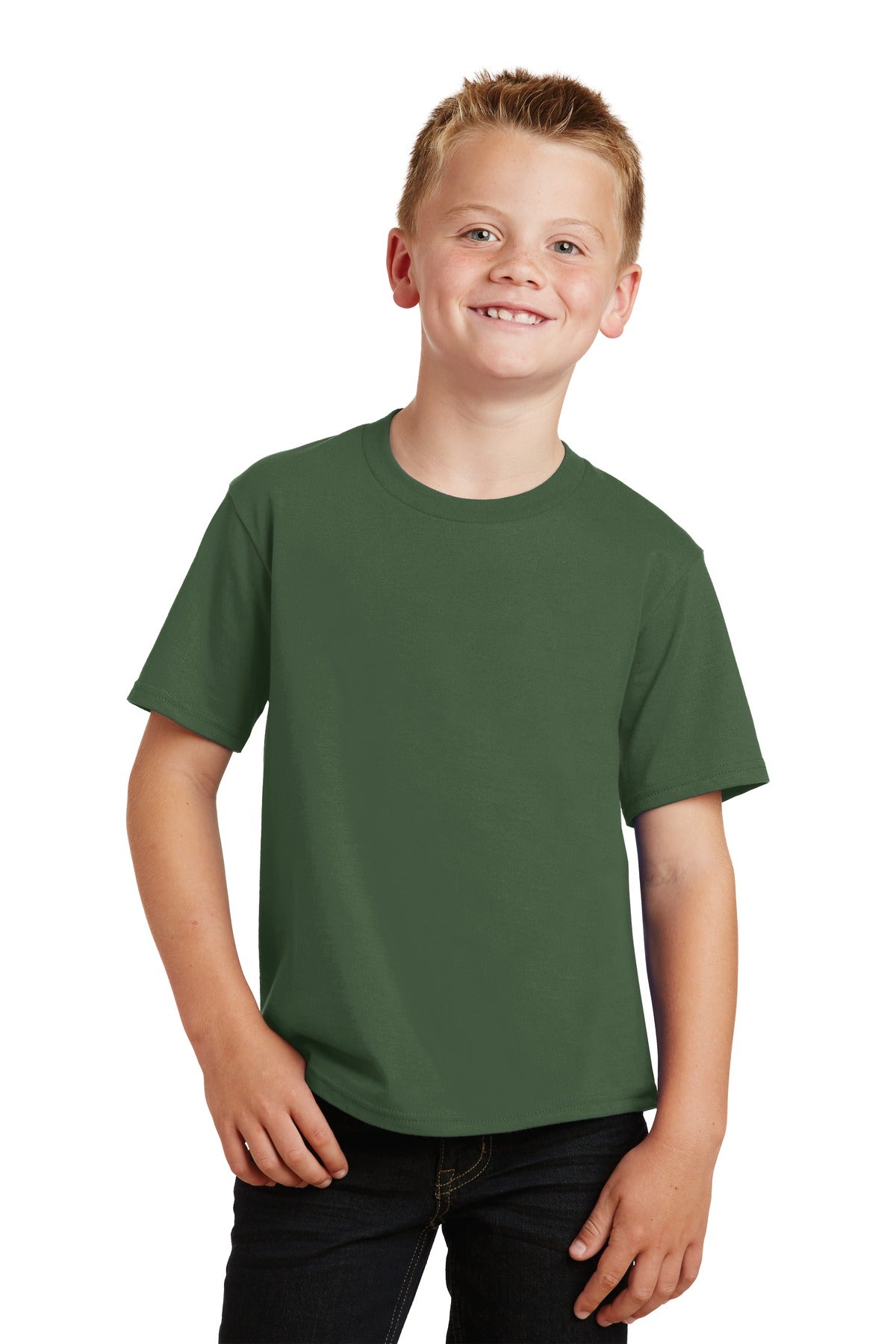 Front View of Olive Port & Co Youth Fan Favorite Tee. PC450Y
