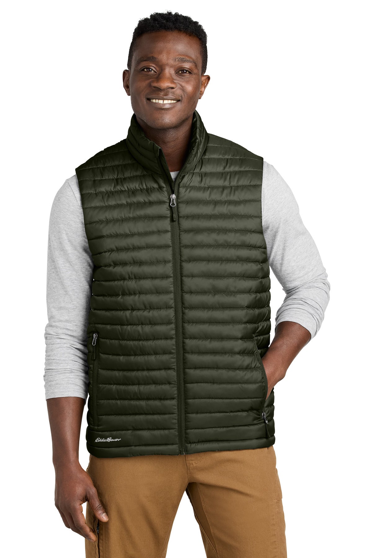 Front View of OliveGreen Eddie Bauer Packable Quilted Vest EB516