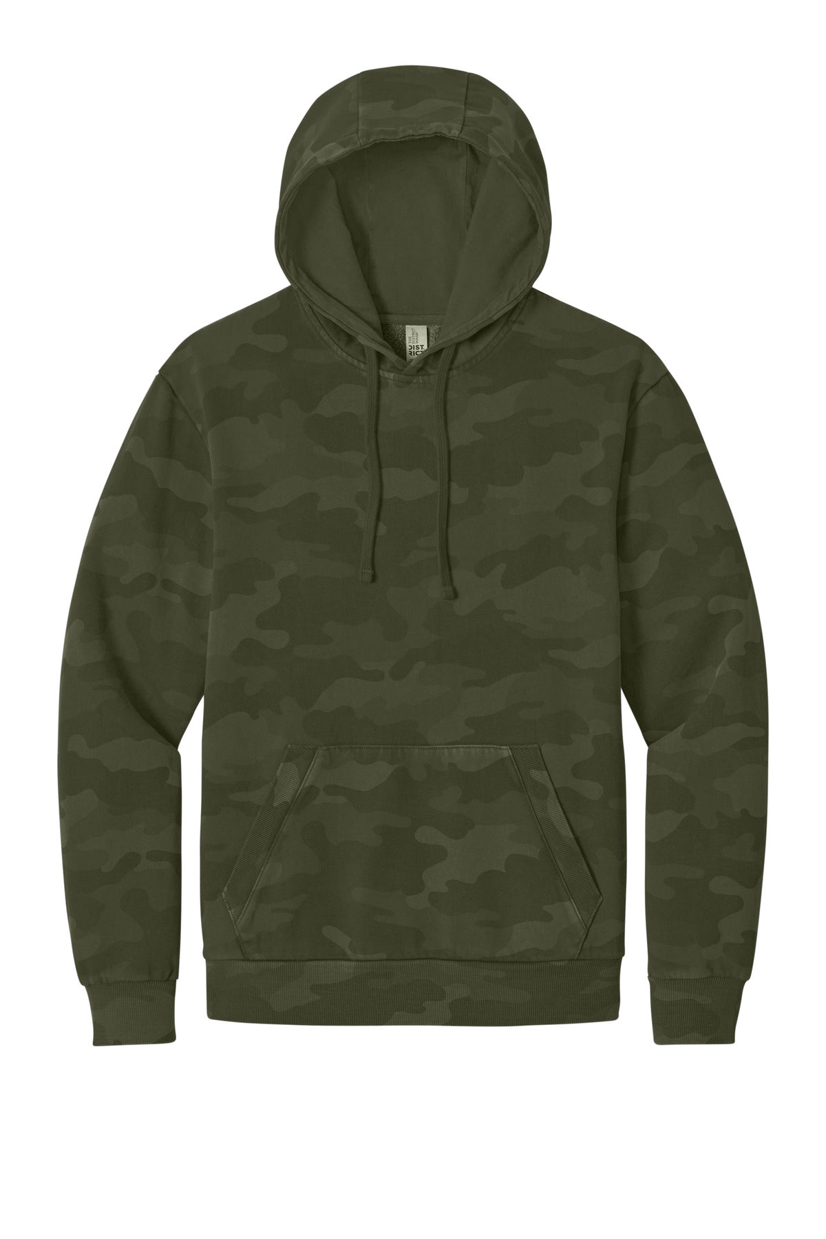Front View of OlvDrabGn District Wash Camo Fleece Hoodie DT2200C