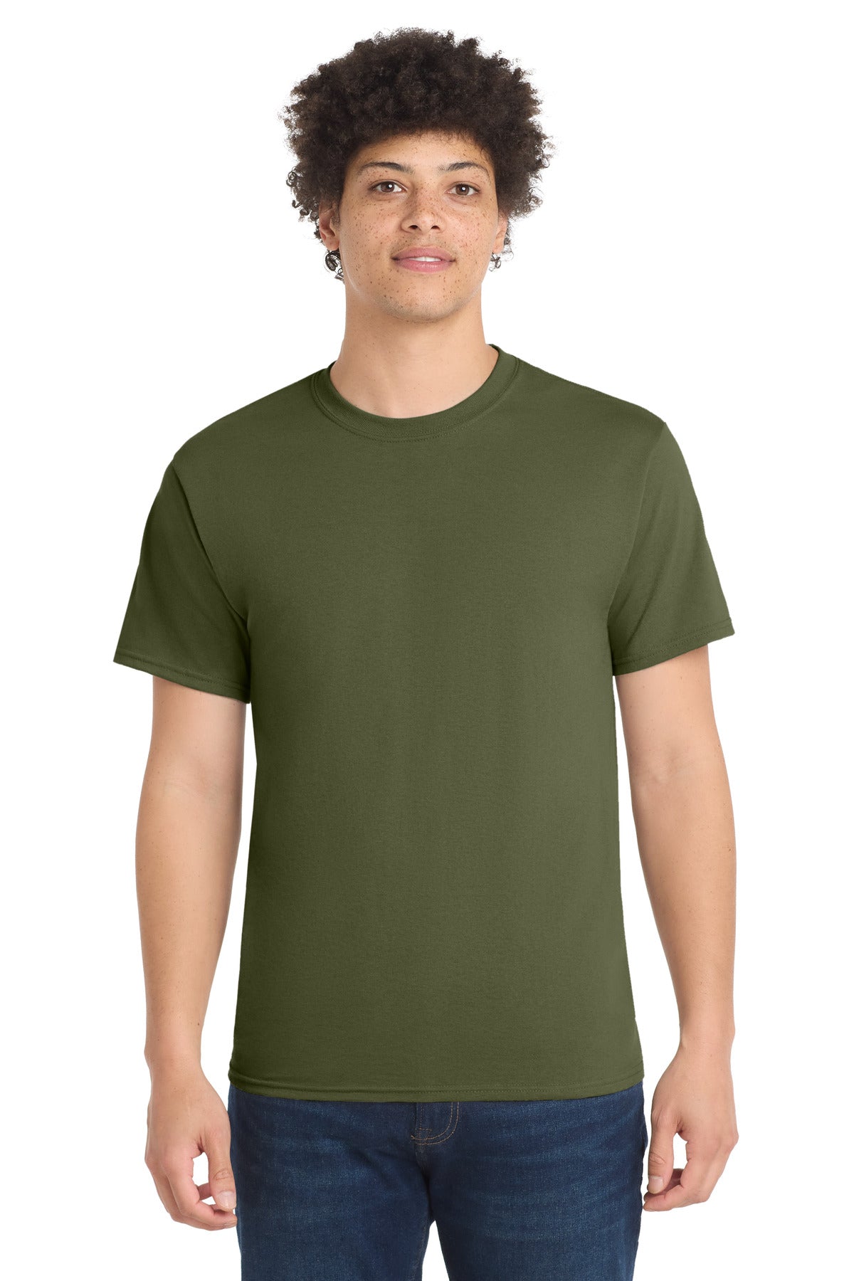 Front View of OlvDrabGn Port & Co Core Blend Tee. PC55