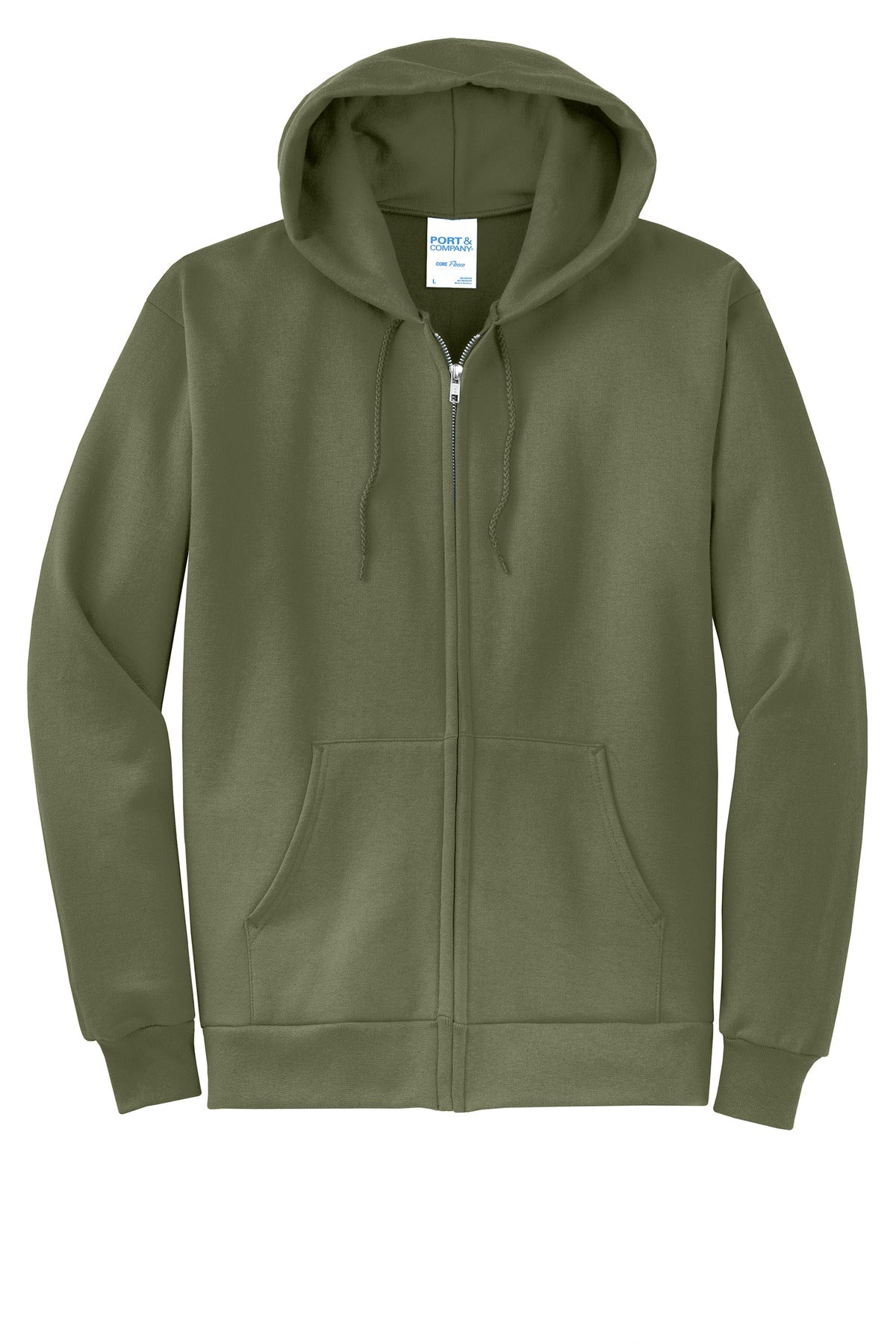 Front View of OlvDrabGn Port & Co Core Fleece Full-Zip Hooded Sweatshirt. PC78ZH