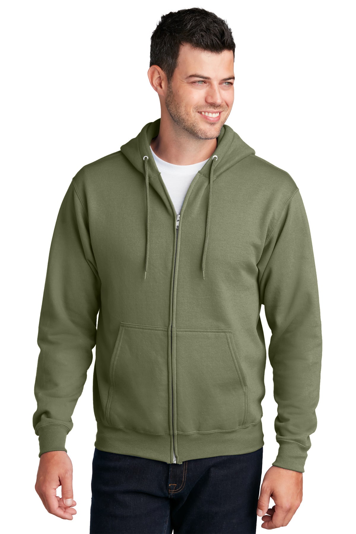 Front View of OlvDrabGn Port & Co Core Fleece Full-Zip Hooded Sweatshirt. PC78ZH