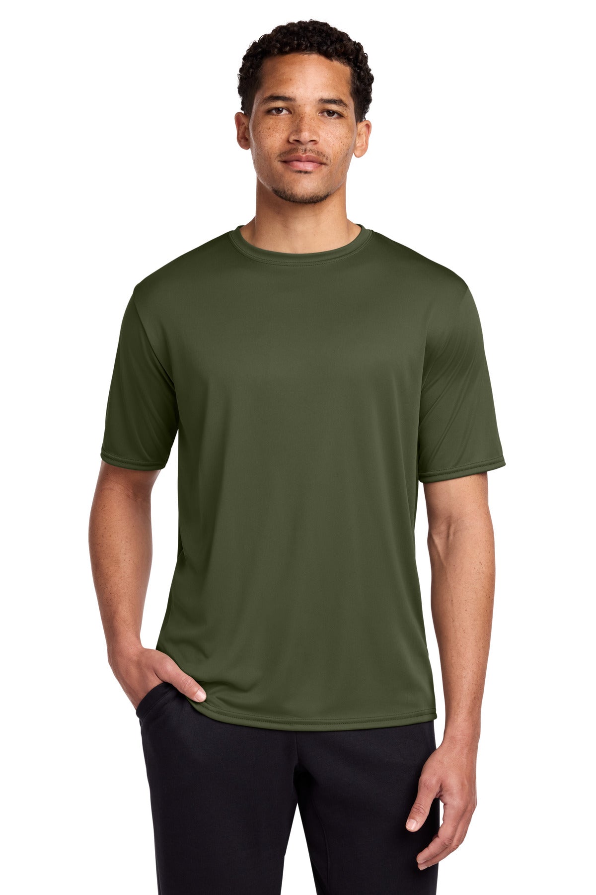 Front View of OlvDrabGn Port & Co Performance Tee. PC380