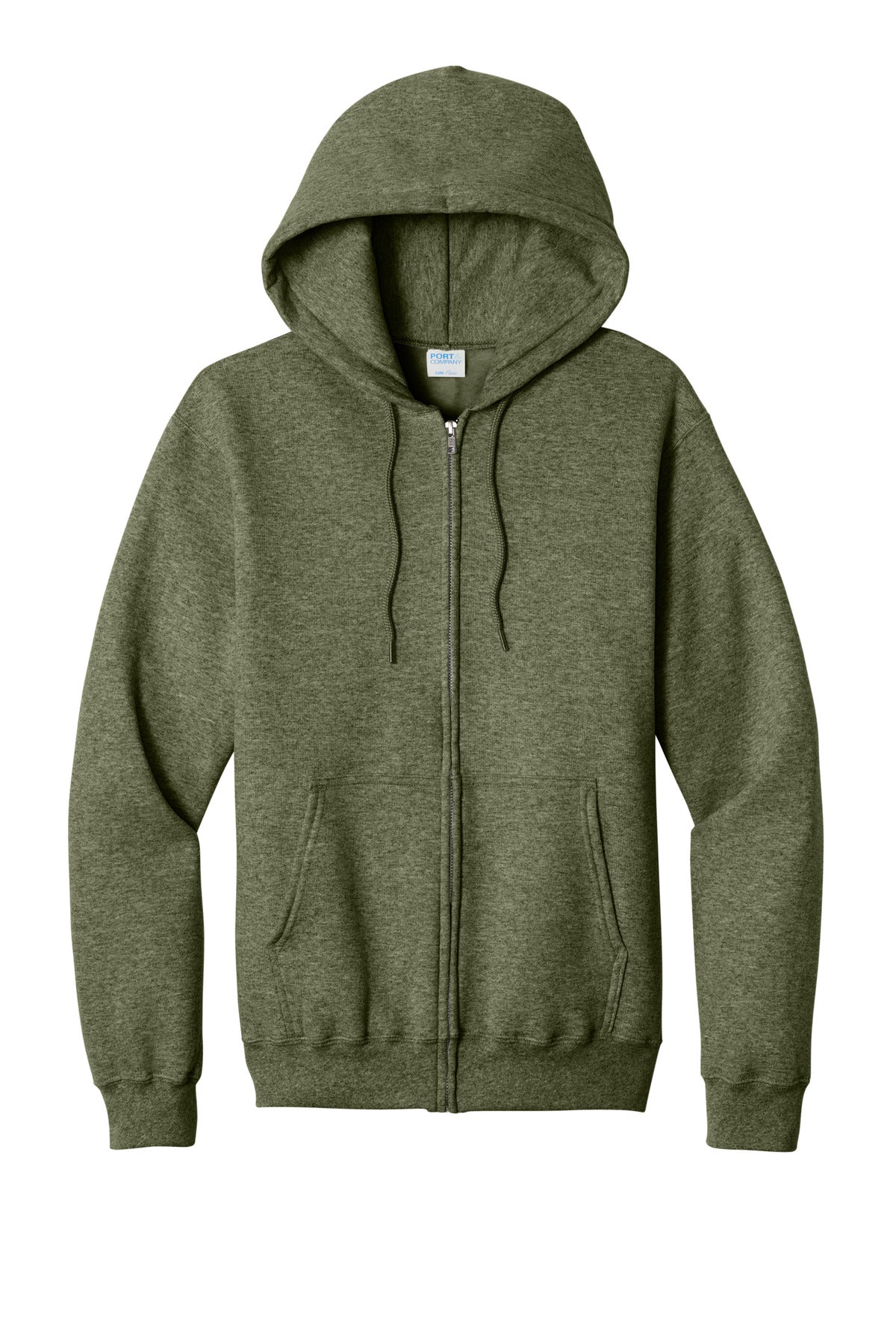 Front View of OlvDrabGnH Port & Co Core Fleece Full-Zip Hooded Sweatshirt. PC78ZH