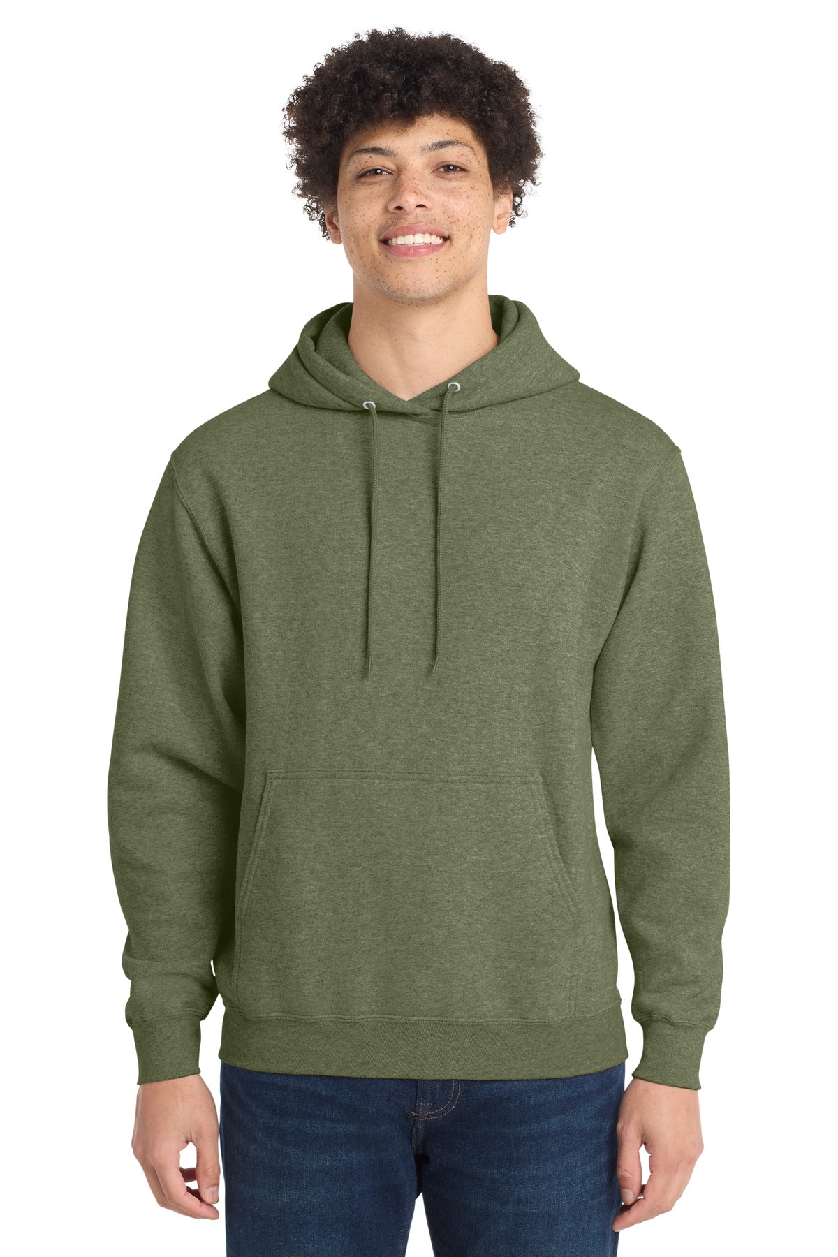 Front View of OlvDrabGnH Port & Co Core Fleece Pullover Hooded Sweatshirt. PC78H
