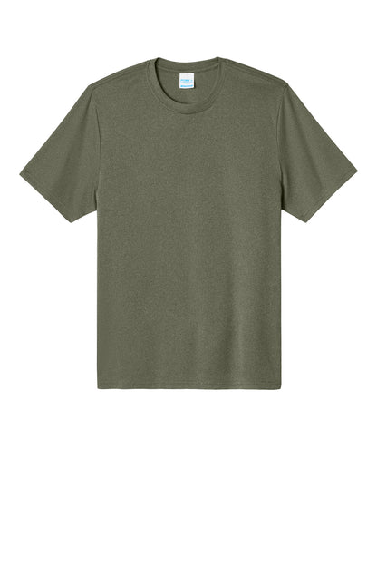 Front View of OlvDrabGnH Port & Co Heather Performance Tee PC390