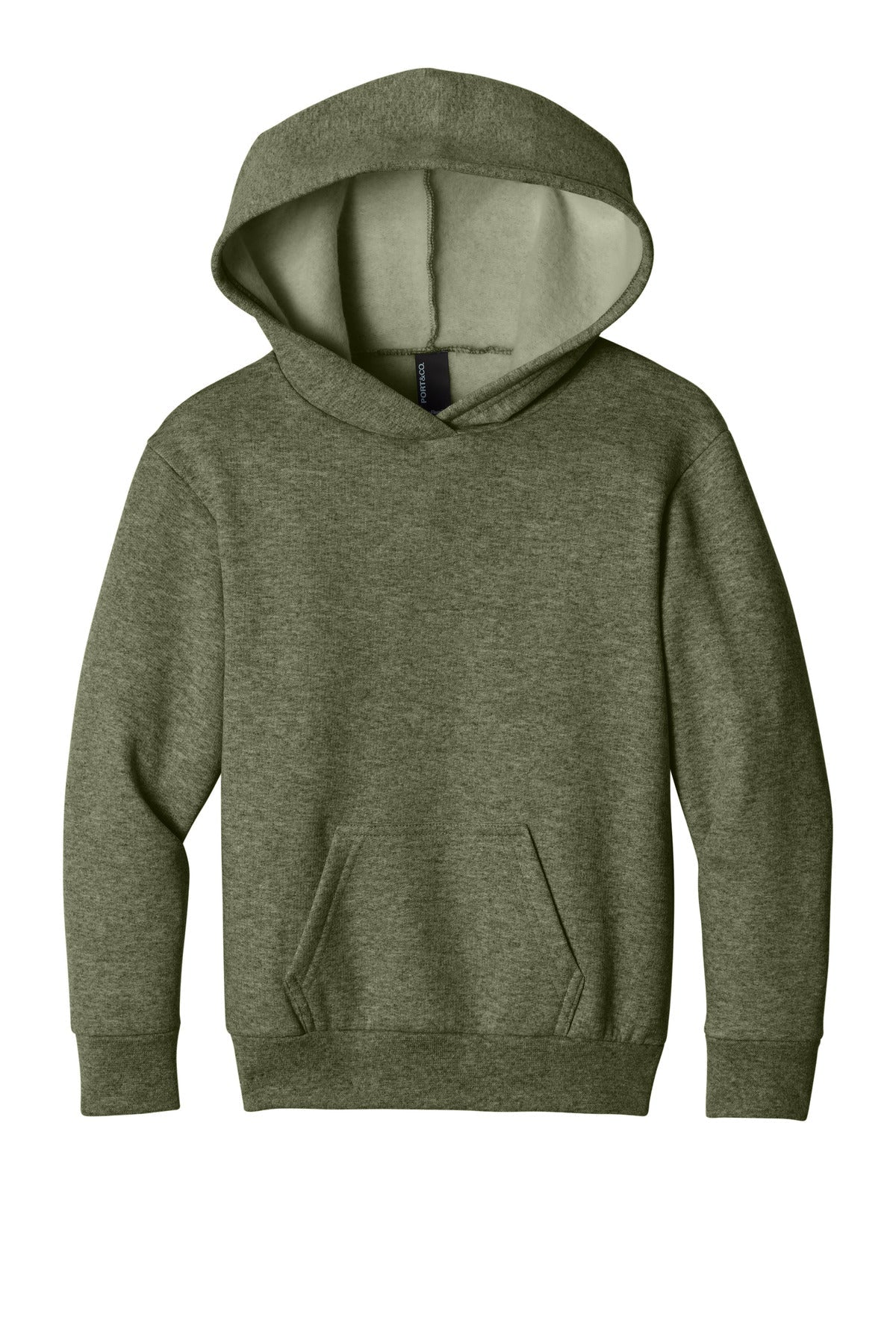 Front View of OlvDrabGnH Port & Co Youth Easy Fleece Pullover Hooded Sweatshirt PC68YH