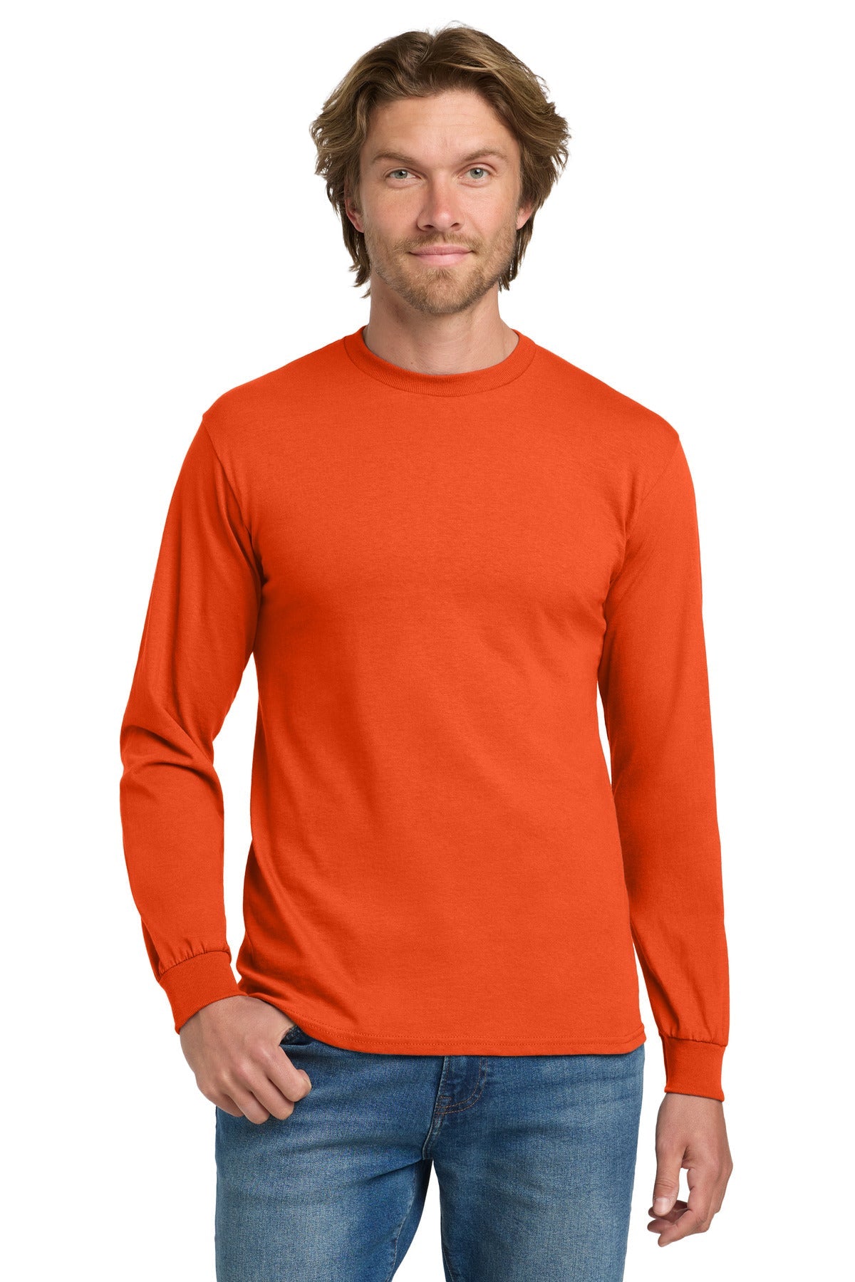 Front View of Orange Gildan - Heavy Cotton 100% Cotton Long Sleeve T-Shirt. 5400