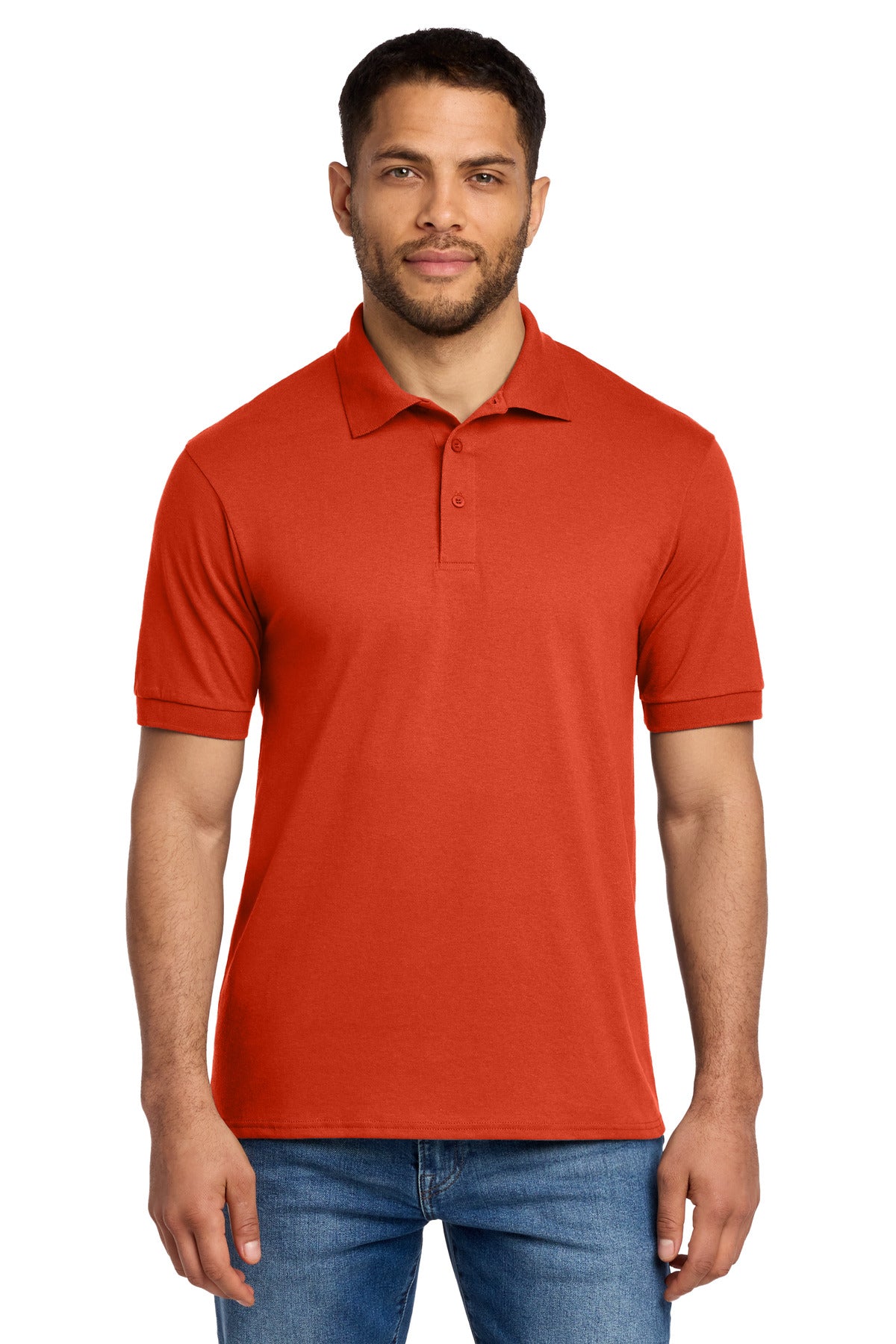 Front View of Orange Port & Co Core Blend Jersey Knit Polo. KP55