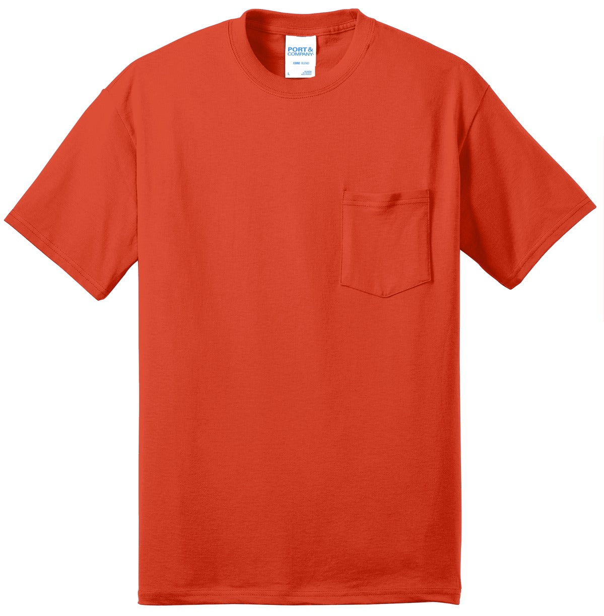 Front View of Orange Port & Co Core Blend Pocket Tee. PC55P