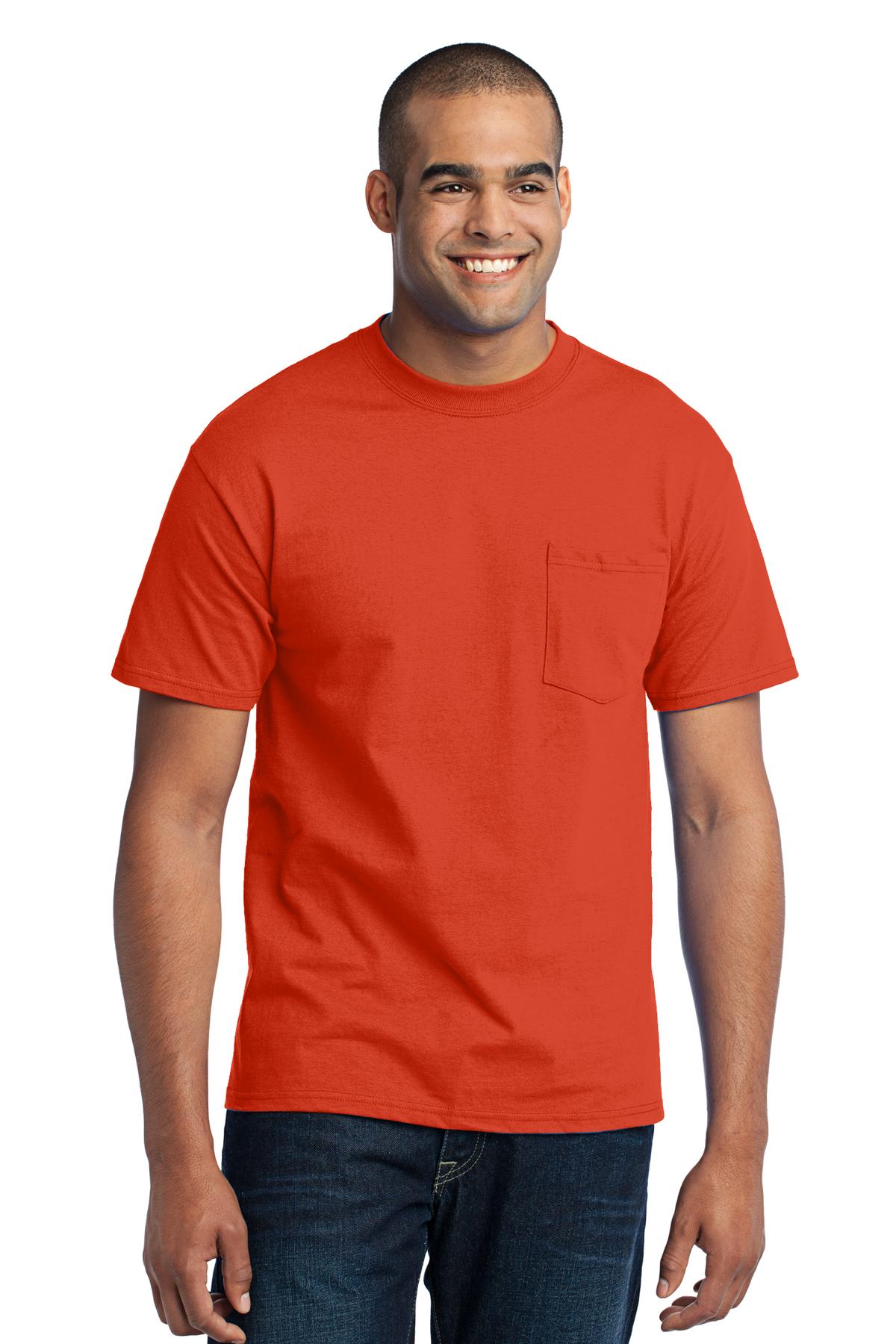 Front View of Orange Port & Co Core Blend Pocket Tee. PC55P