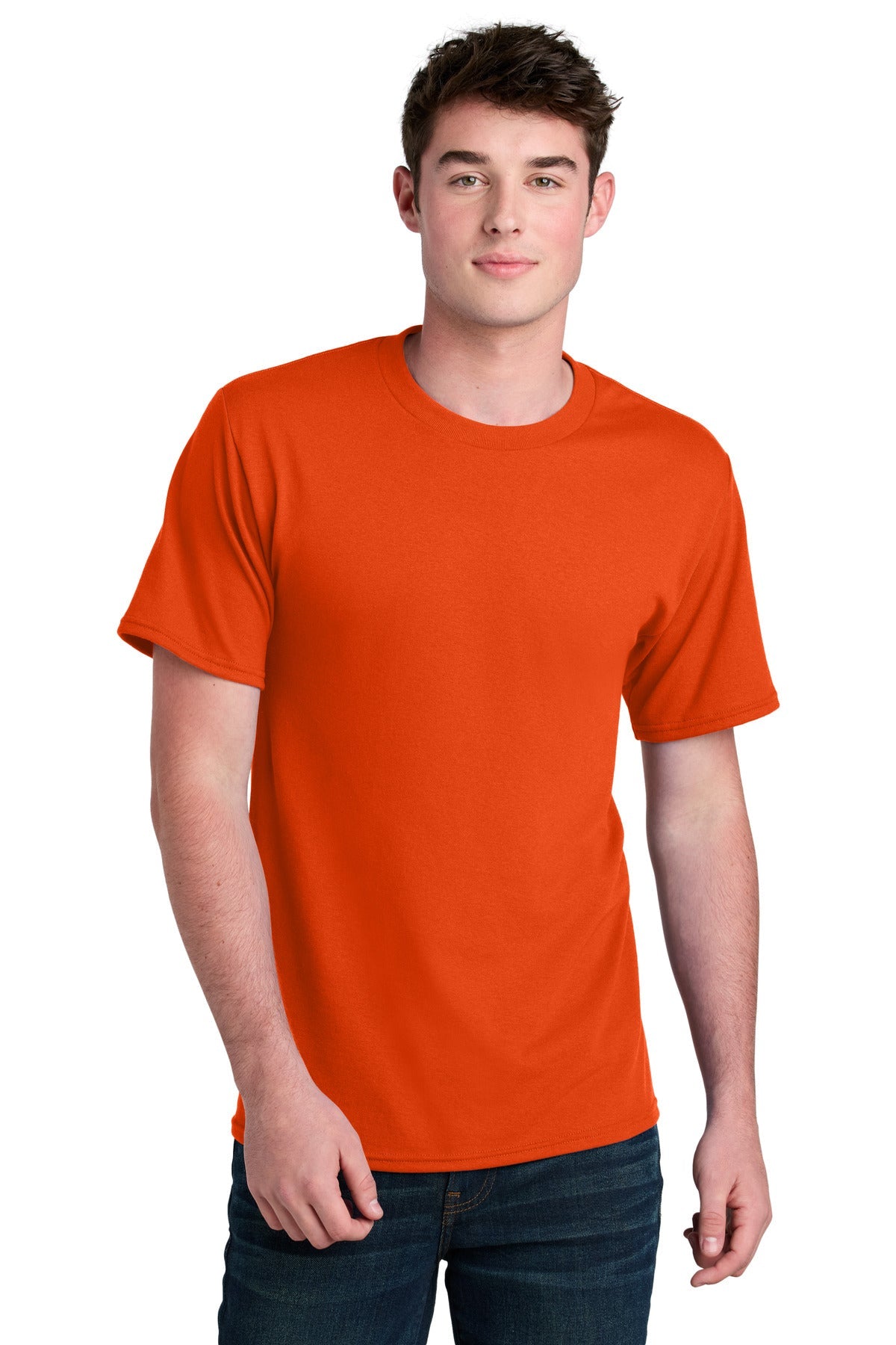 Front View of Orange Port & Co Core Blend Recycled Tee PC01