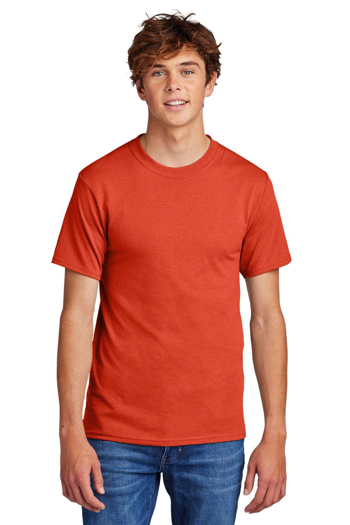 Front View of Orange Port & Co Core Blend Tee. PC55