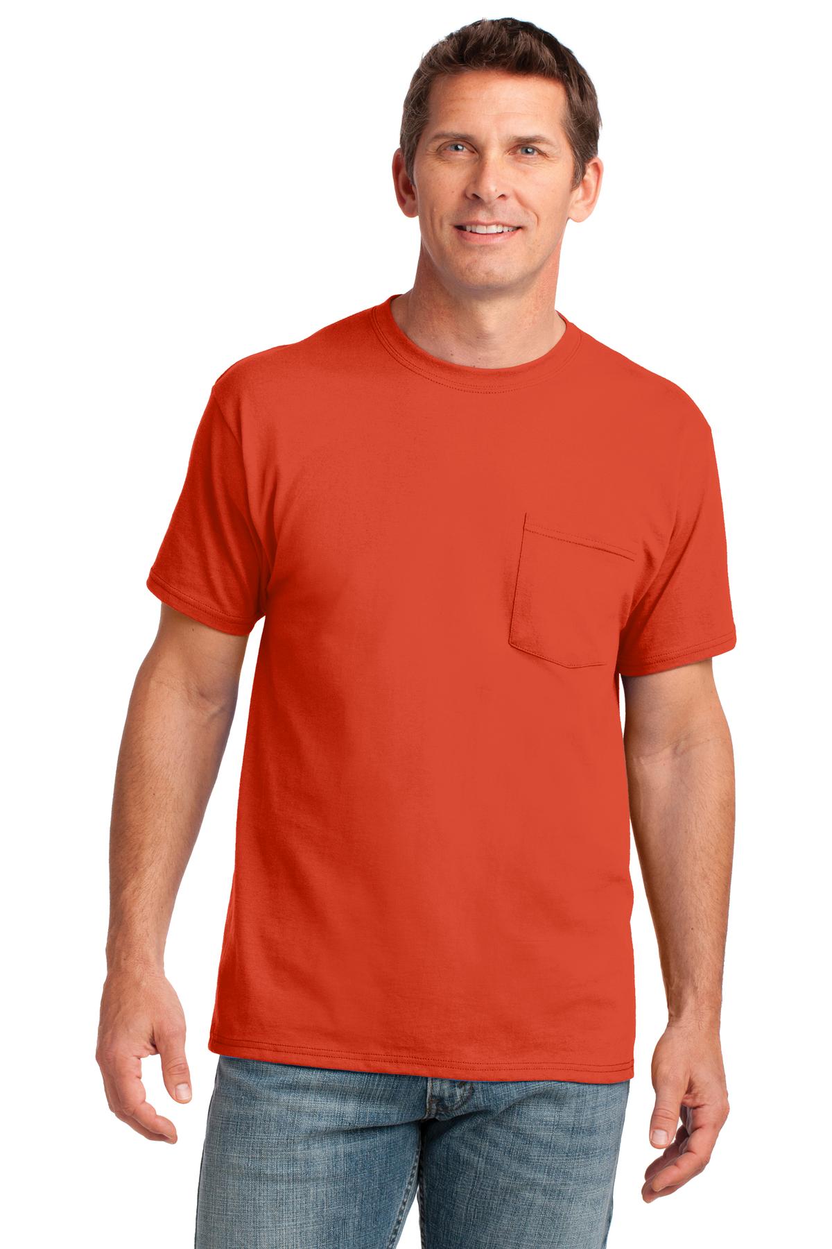 Front View of Orange Port & Co Core Cotton Pocket Tee. PC54P