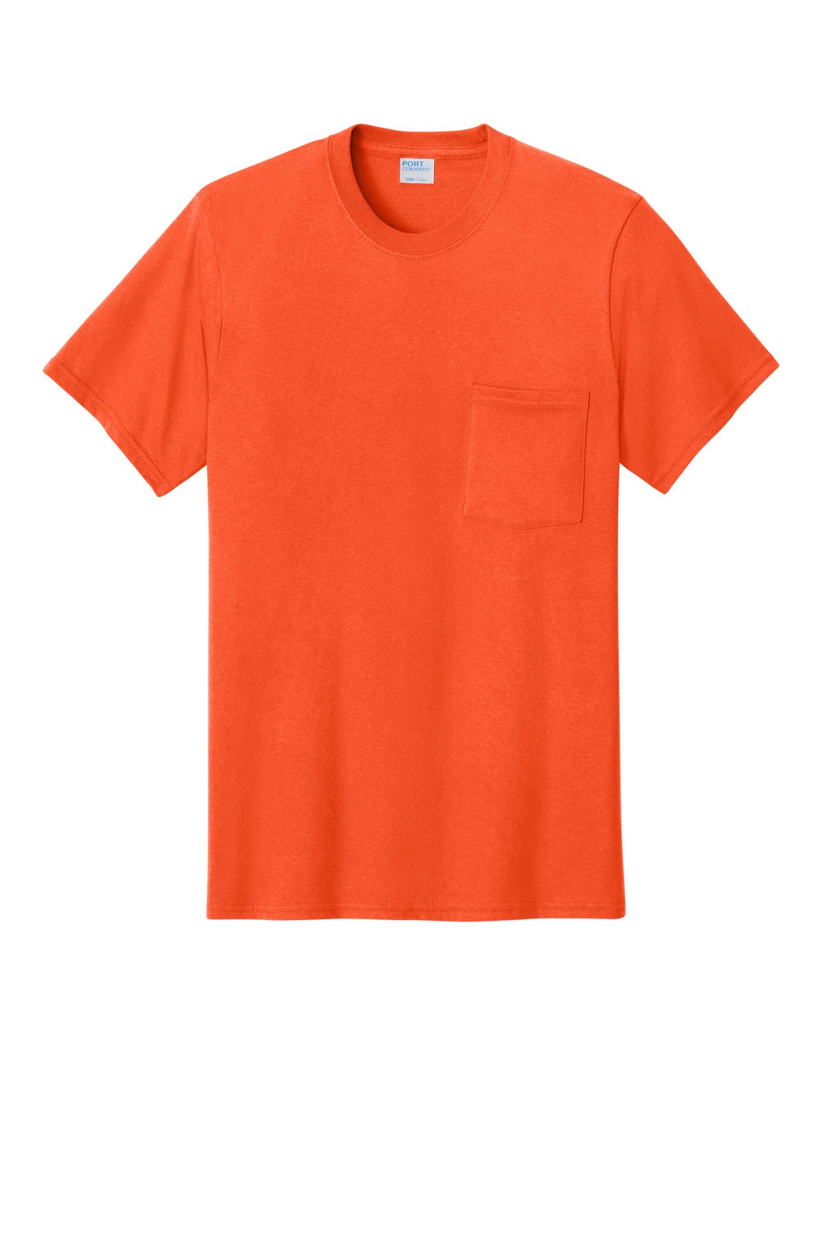 Front View of Orange Port & Co Core Cotton Pocket Tee. PC54P