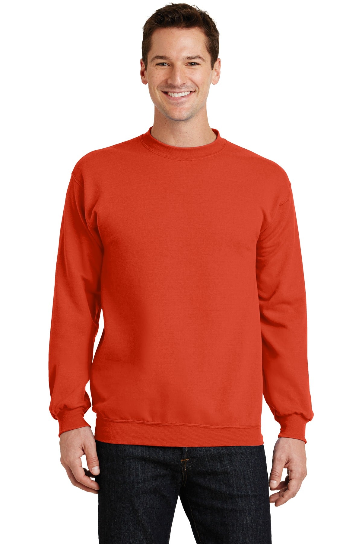 Front View of Orange Port & Co Core Fleece Crewneck Sweatshirt. PC78