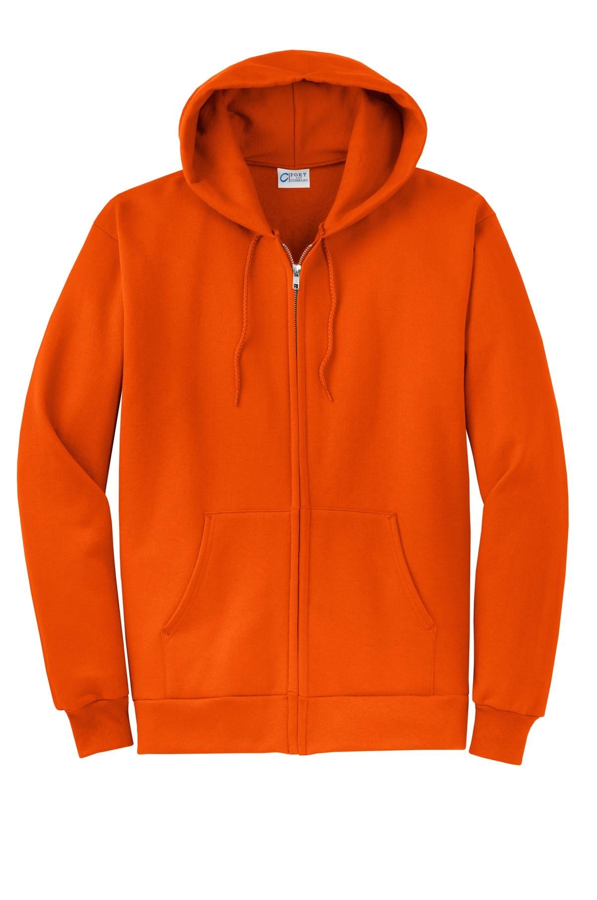 Front View of Orange Port & Co Core Fleece Full-Zip Hooded Sweatshirt. PC78ZH