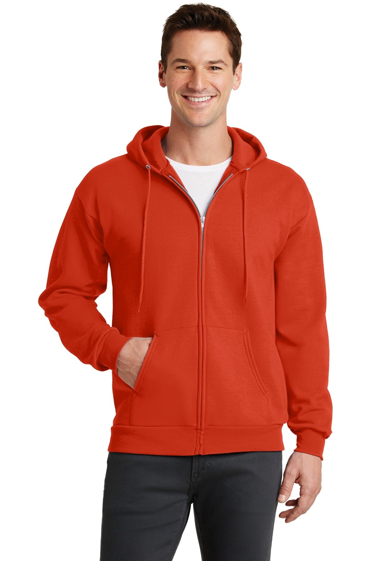 Front View of Orange Port & Co Core Fleece Full-Zip Hooded Sweatshirt. PC78ZH