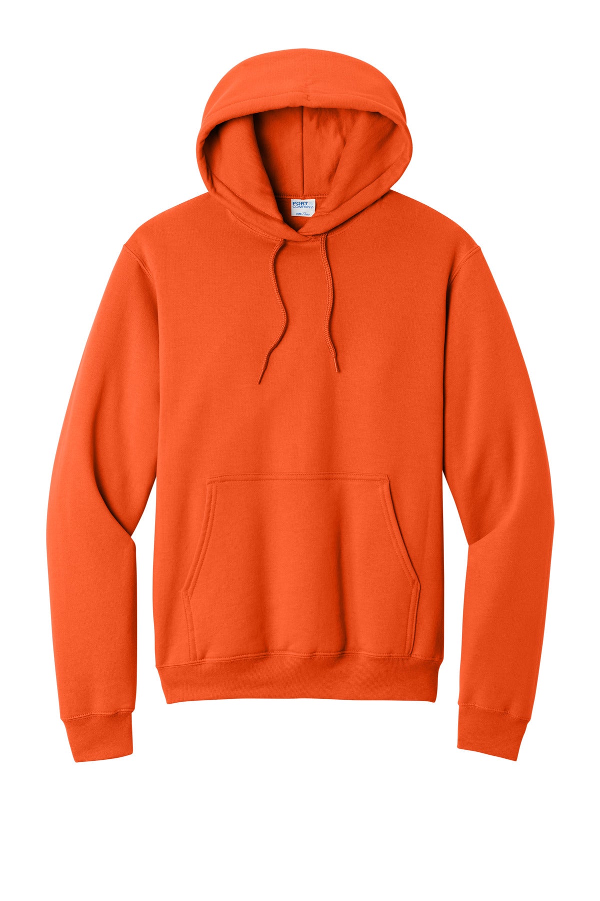 Front View of Orange Port & Co Core Fleece Pullover Hooded Sweatshirt. PC78H