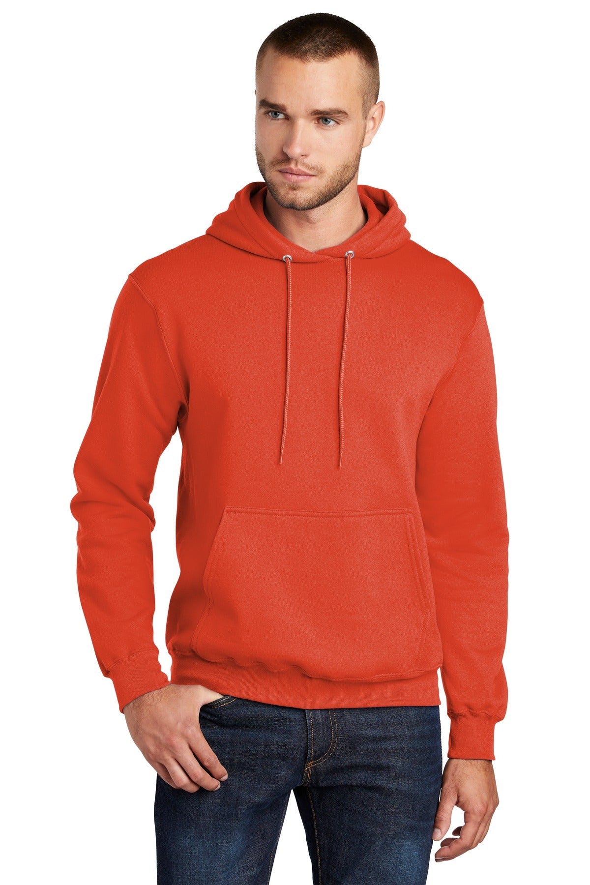Front View of Orange Port & Co Core Fleece Pullover Hooded Sweatshirt. PC78H