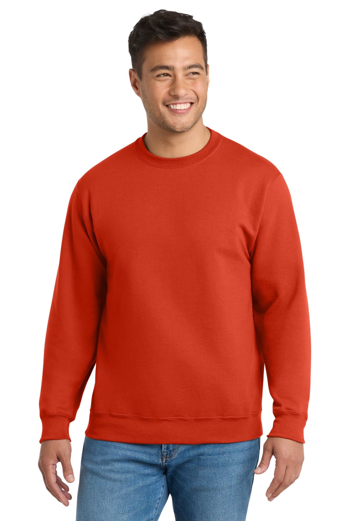 Front View of Orange Port & Co Essential Fleece Crewneck Sweatshirt. PC90