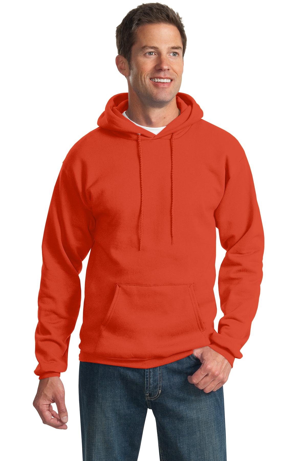 Front View of Orange Port & Co Essential Fleece Pullover Hooded Sweatshirt. PC90H