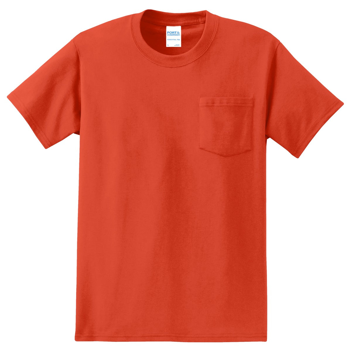 Front View of Orange Port & Co Essential Pocket Tee. PC61P