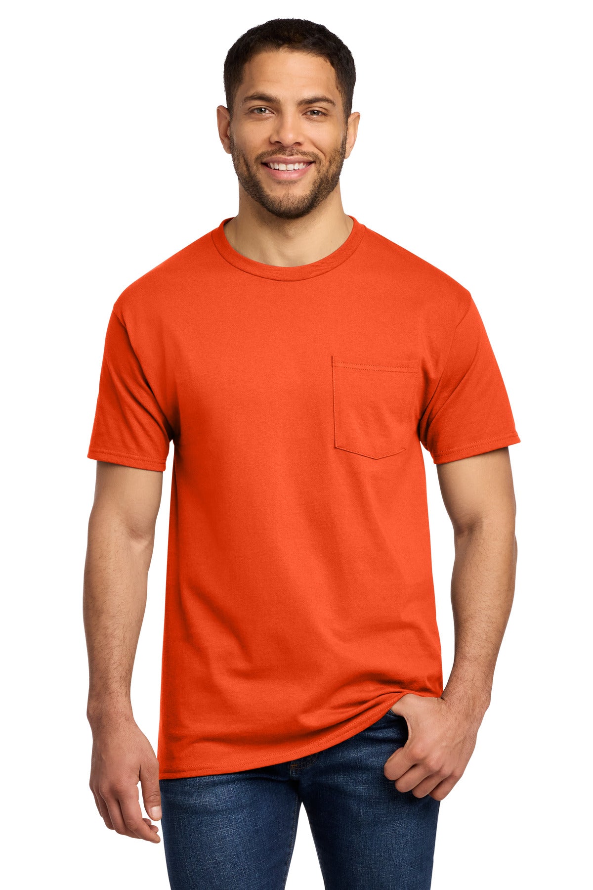 Front View of Orange Port & Co Essential Pocket Tee. PC61P