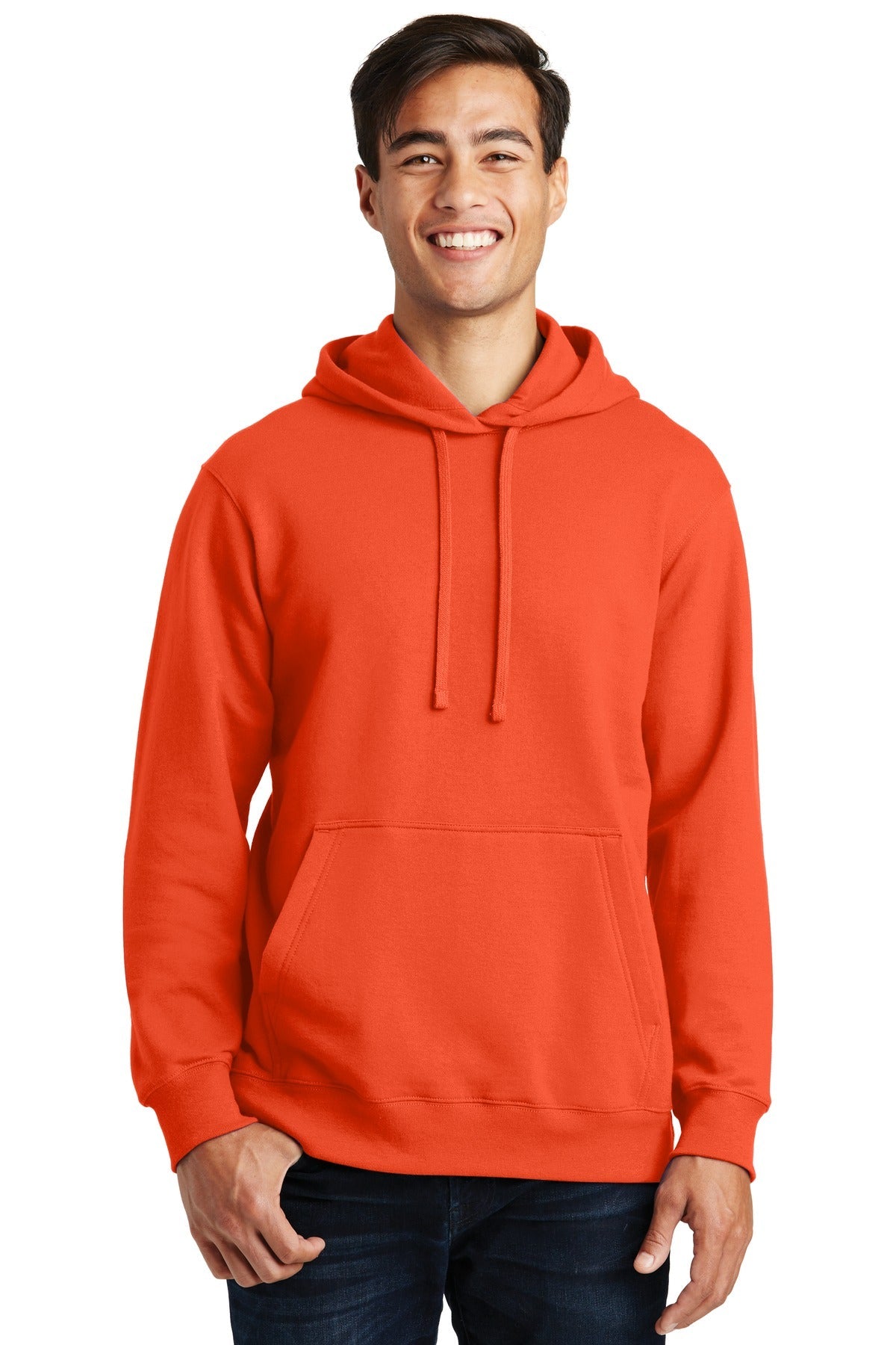 Front View of Orange Port & Co Fan Favorite Fleece Pullover Hooded Sweatshirt. PC850H