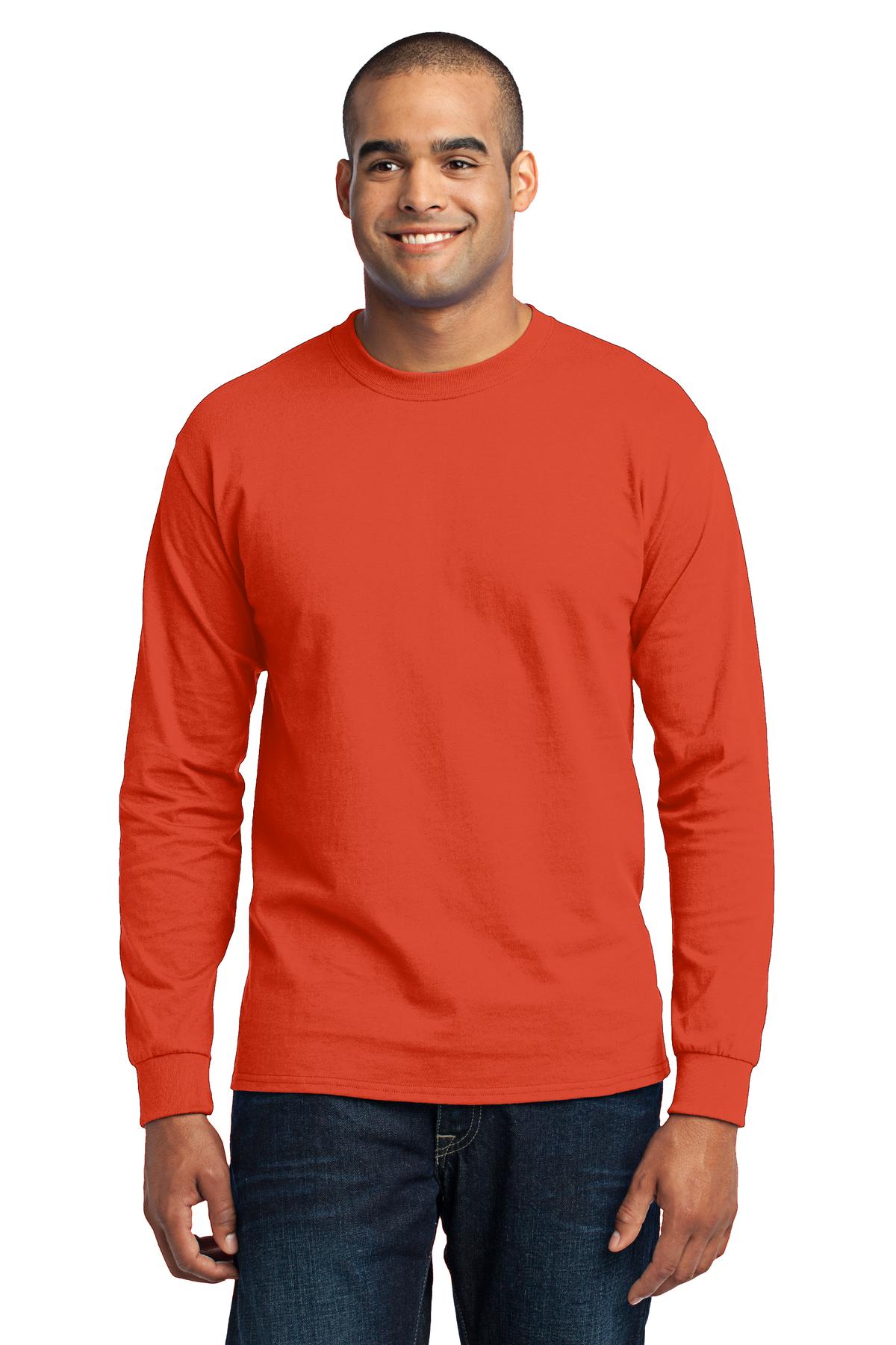 Front View of Orange Port & Co Long Sleeve Core Blend Tee. PC55LS