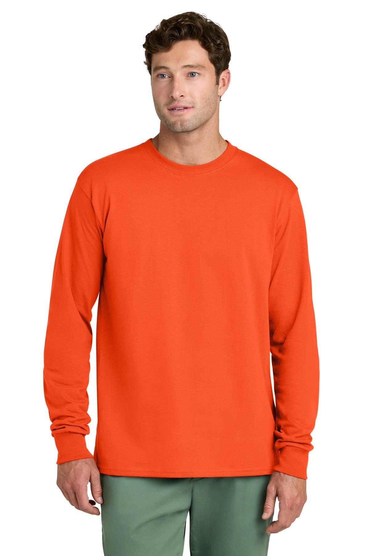 Front View of Orange Port & Co Long Sleeve Core Cotton Tee. PC54LS