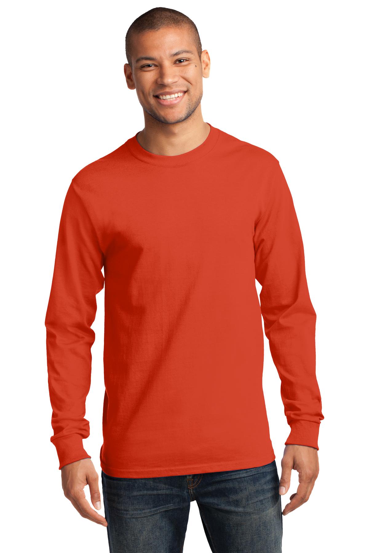 Front View of Orange Port & Co Long Sleeve Essential Tee. PC61LS