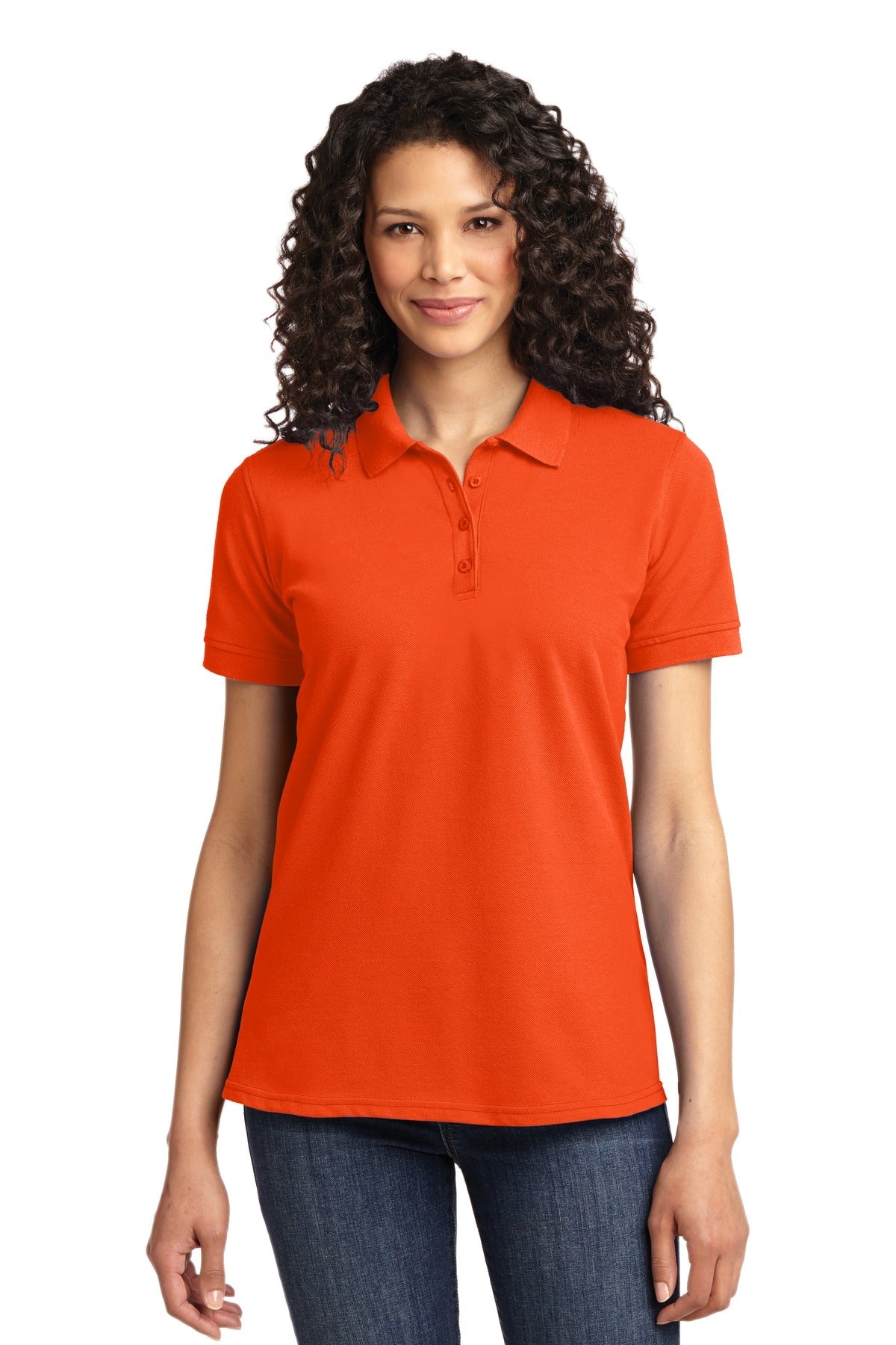 Front View of Orange Port & Co Women's Core Blend Pique Polo. LKP155