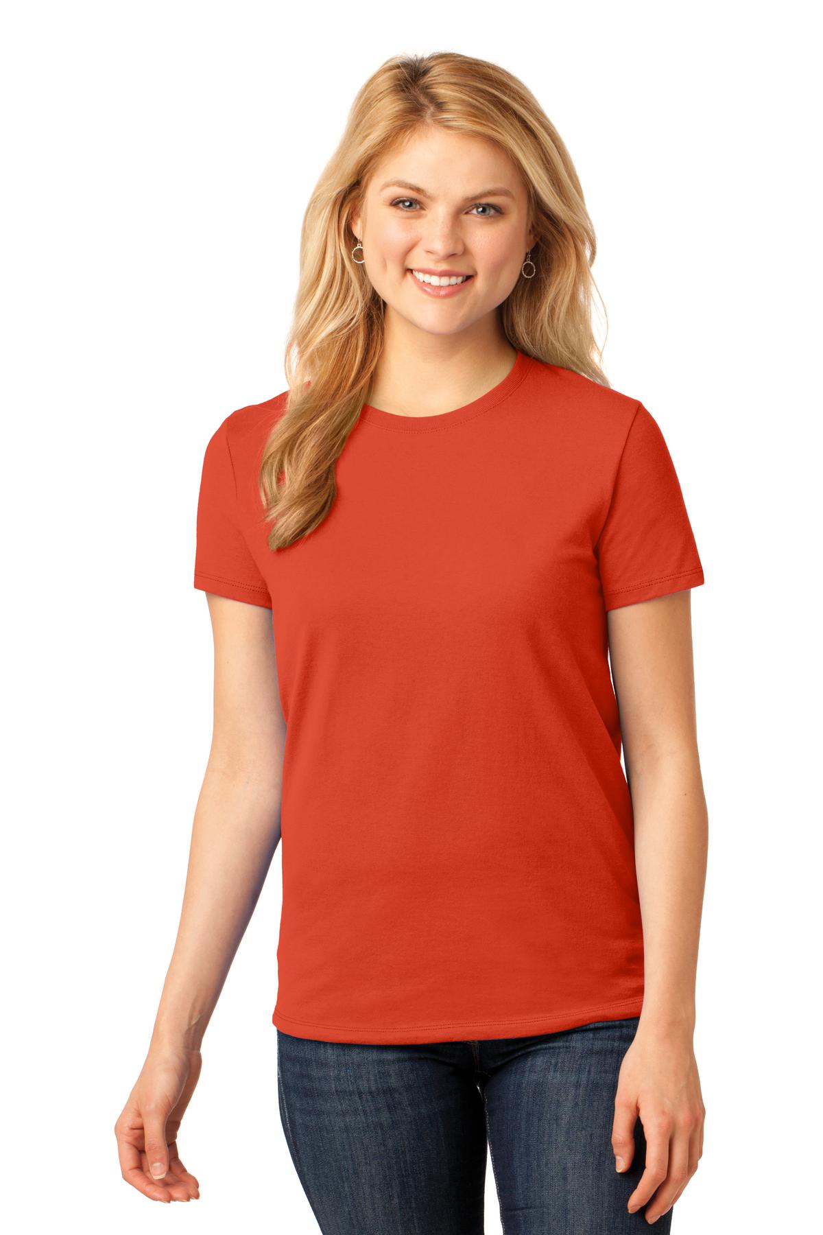 Front View of Orange Port & Co Women's Core Cotton Tee. LPC54