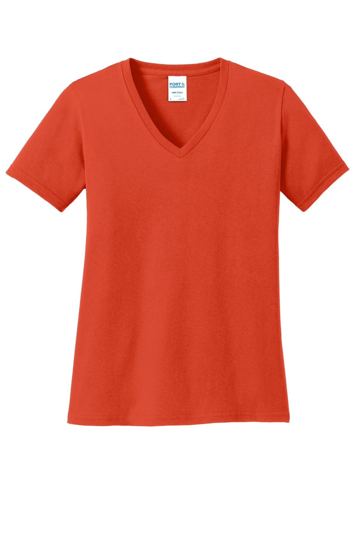 Front View of Orange Port & Co Women's Core Cotton V-Neck Tee. LPC54V