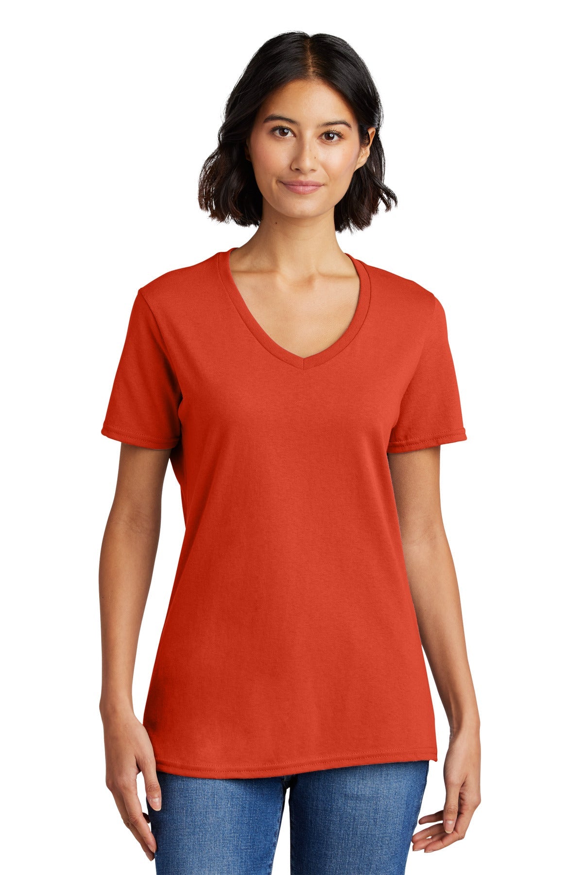 Front View of Orange Port & Co Women's Core Cotton V-Neck Tee. LPC54V