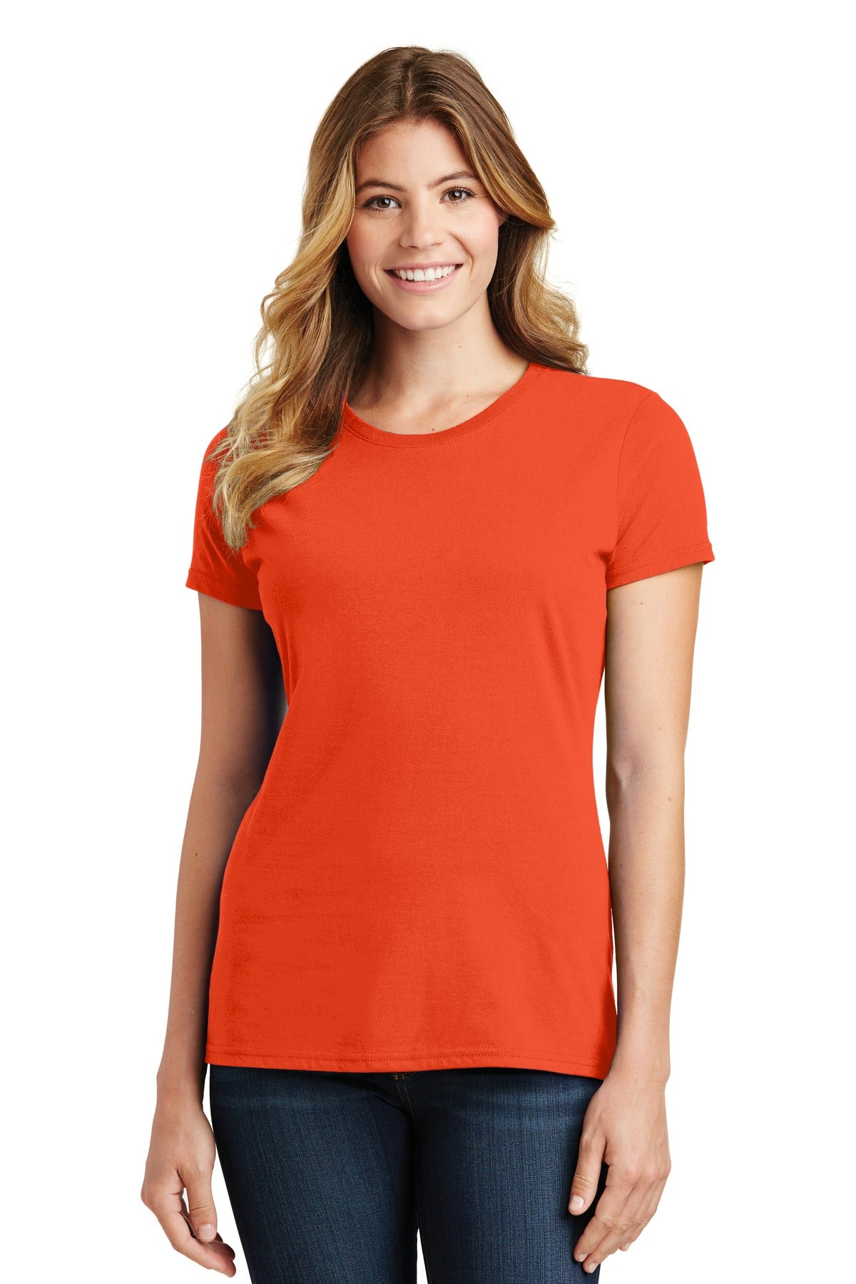 Front View of Orange Port & Co Women's Fan Favorite Tee. LPC450