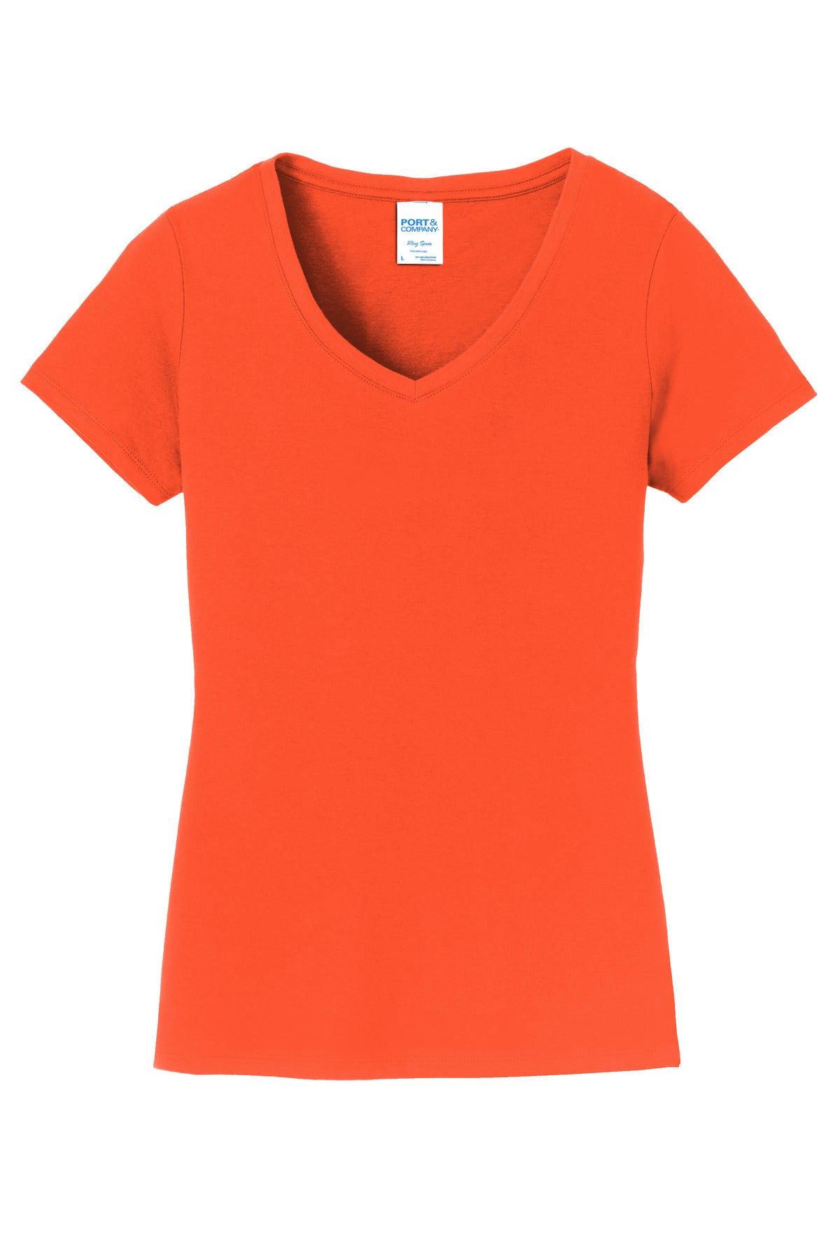 Front View of Orange Port & Co Women's Fan Favorite V-Neck Tee. LPC450V