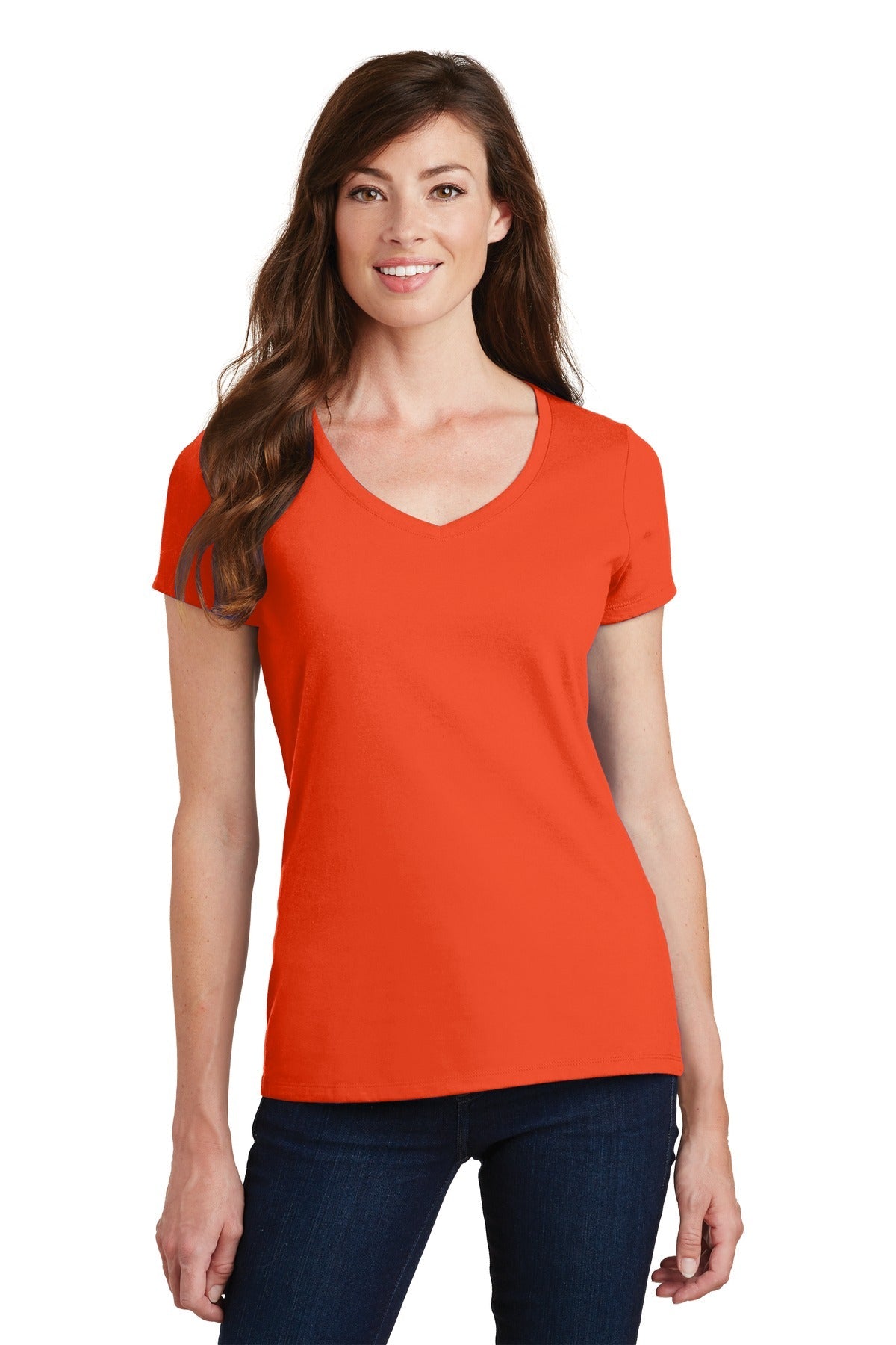 Front View of Orange Port & Co Women's Fan Favorite V-Neck Tee. LPC450V