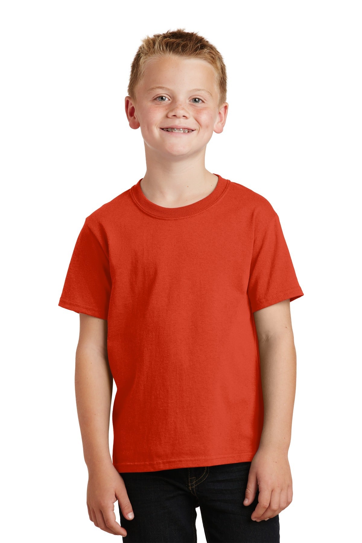 Front View of Orange Port & Co Youth Core Cotton Tee. PC54Y