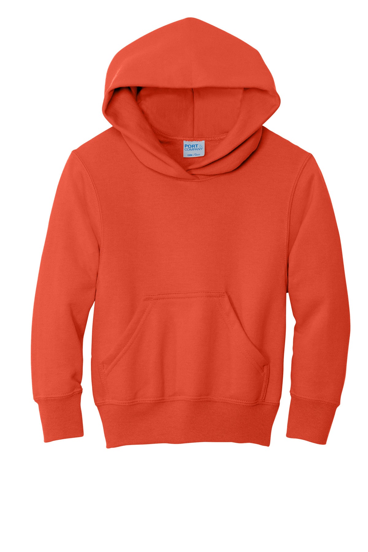 Front View of Orange Port & Co Youth Core Fleece Pullover Hooded Sweatshirt. PC90YH