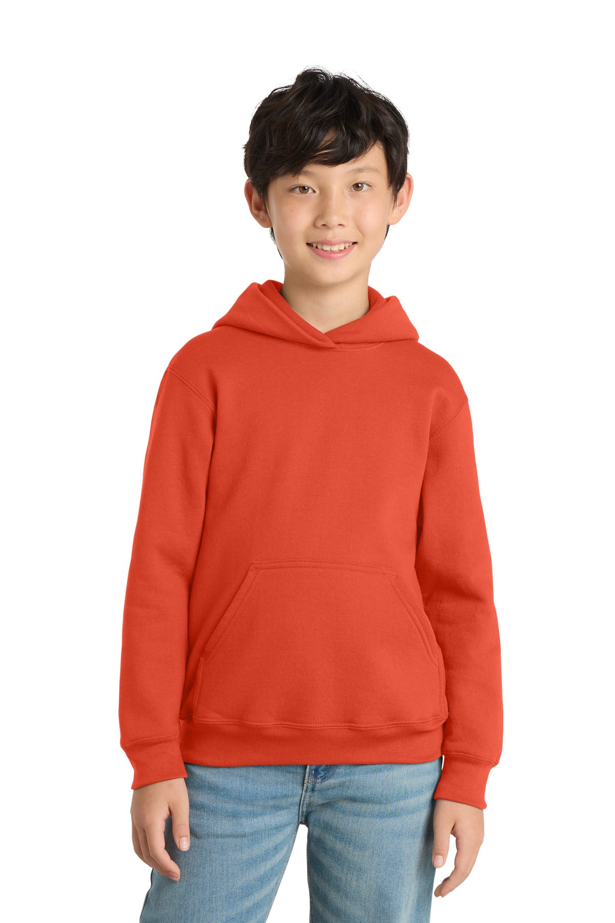 Front View of Orange Port & Co Youth Core Fleece Pullover Hooded Sweatshirt. PC90YH