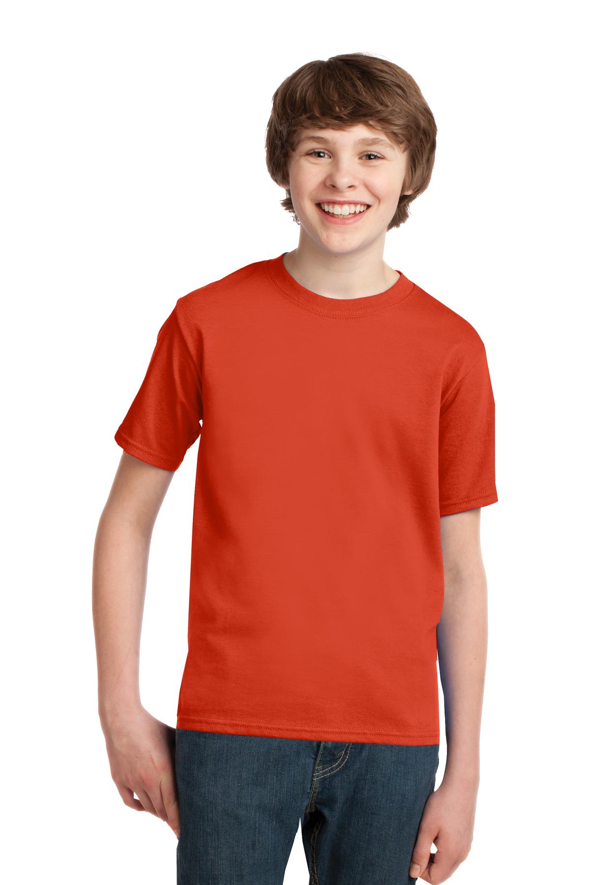 Front View of Orange Port & Co Youth Essential Tee. PC61Y