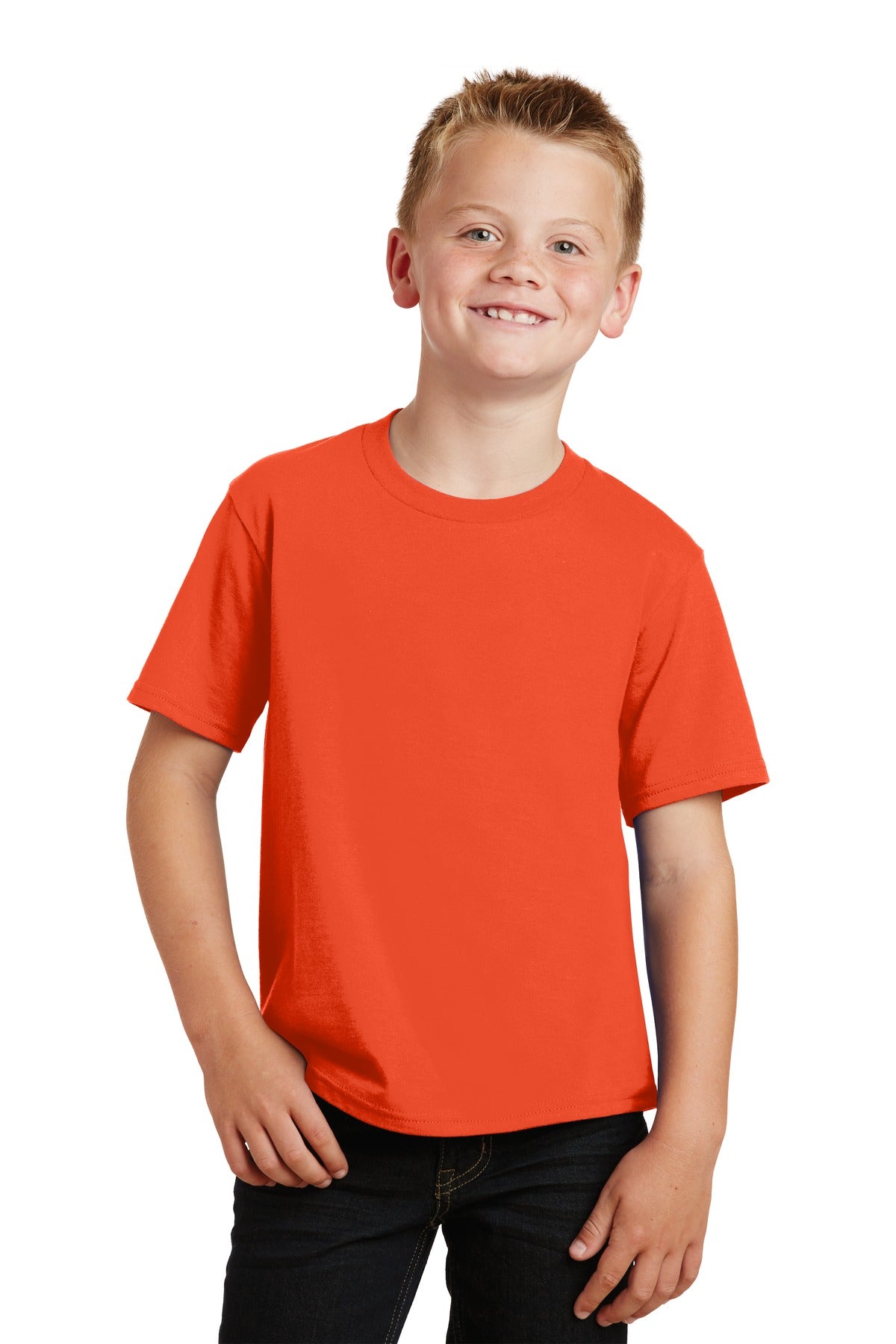 Front View of Orange Port & Co Youth Fan Favorite Tee. PC450Y