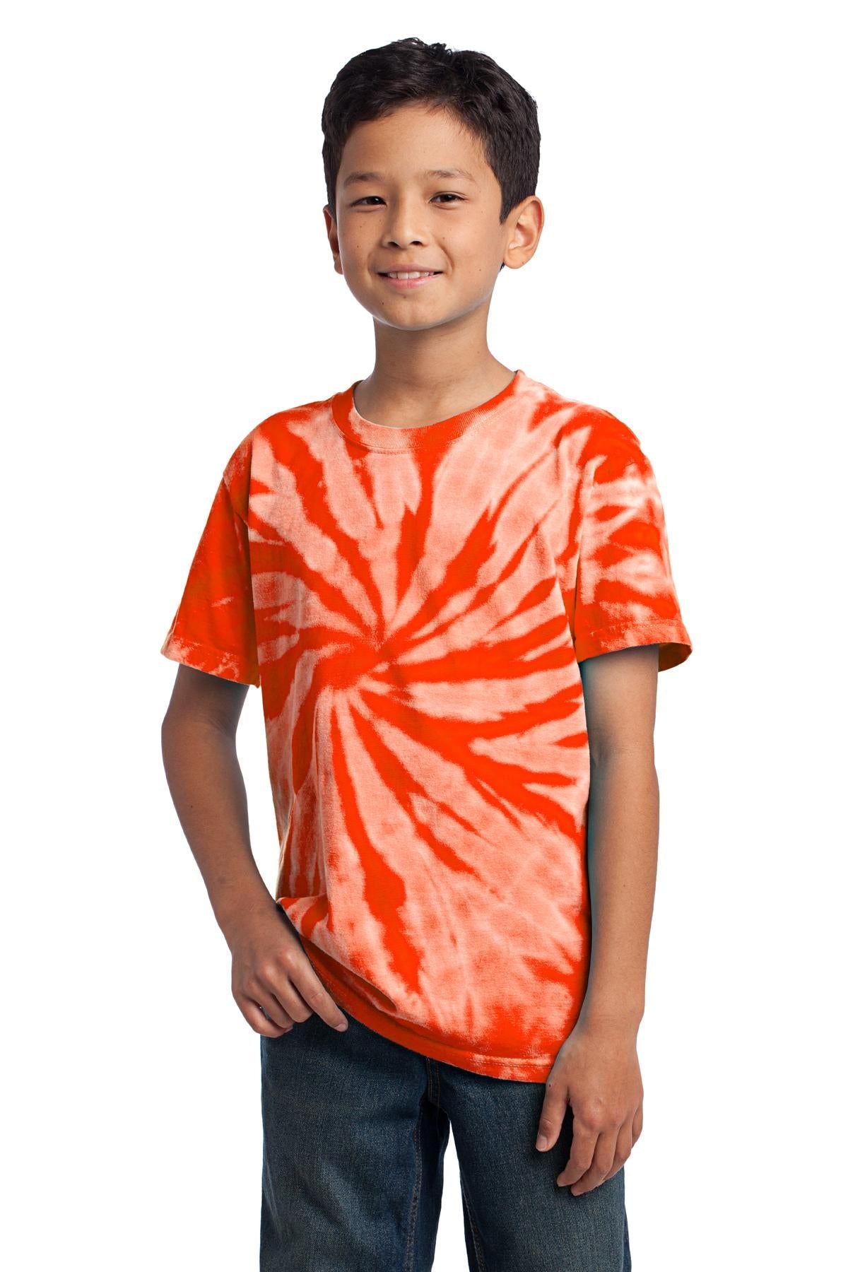 Front View of Orange Port & Co Youth Tie-Dye Tee. PC147Y