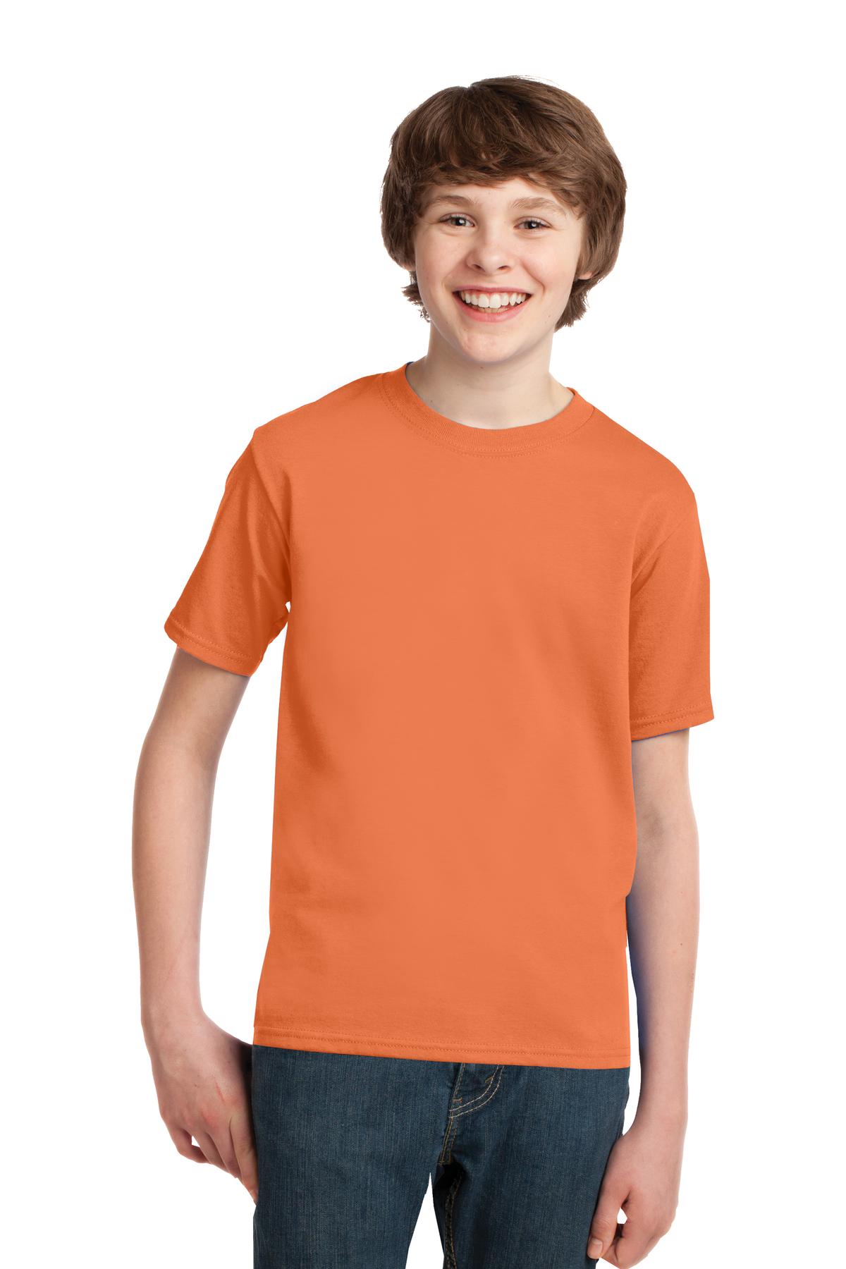 Front View of Orange Shrbt Port & Co Youth Essential Tee. PC61Y