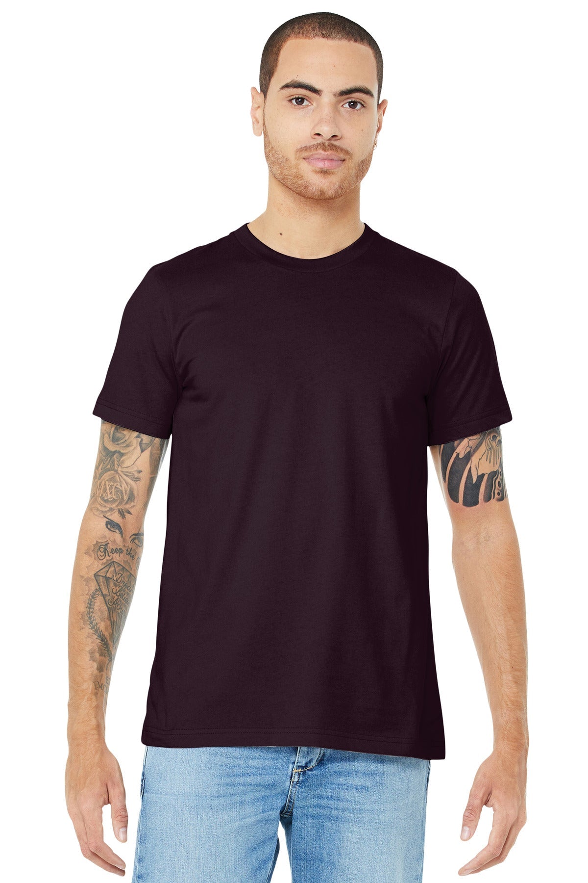 Front View of Oxblood Black BELLA+CANVAS Unisex Jersey Short Sleeve Tee. BC3001