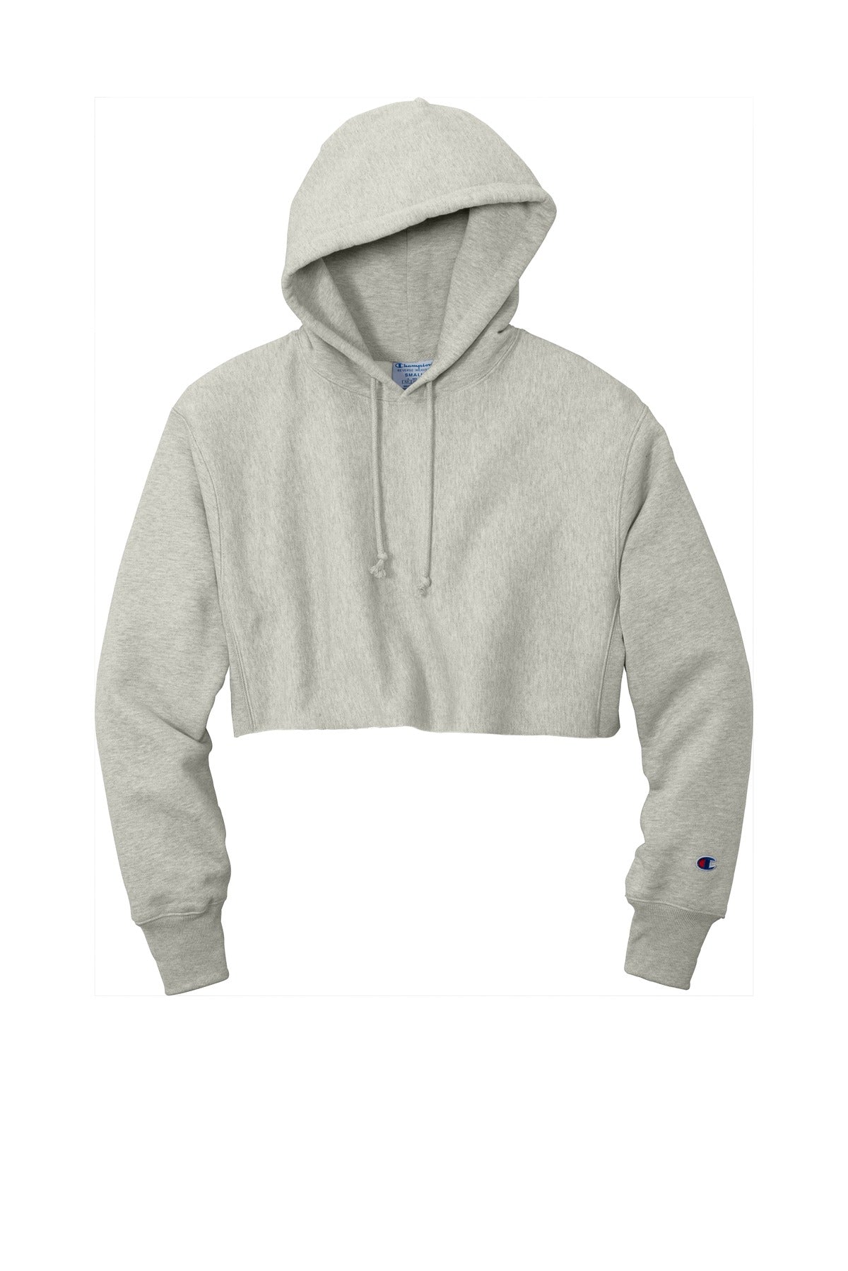 Front View of OxfordGrey Champion Women's Reverse Weave Cropped Cut-Off Hooded Sweatshirt RW01W